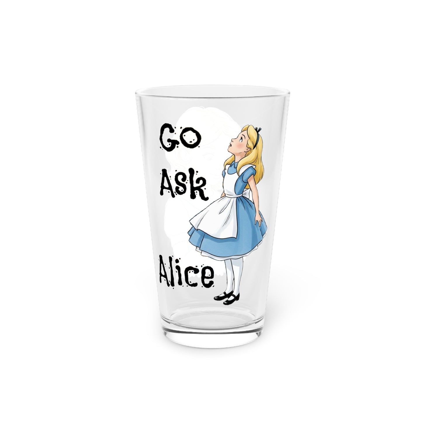 Alice in Wonderland 'Drink Me' Pint Glass, 16oz, 'Go Ask Alice' Fantasy Novelty Glassware, Fun Drinkware