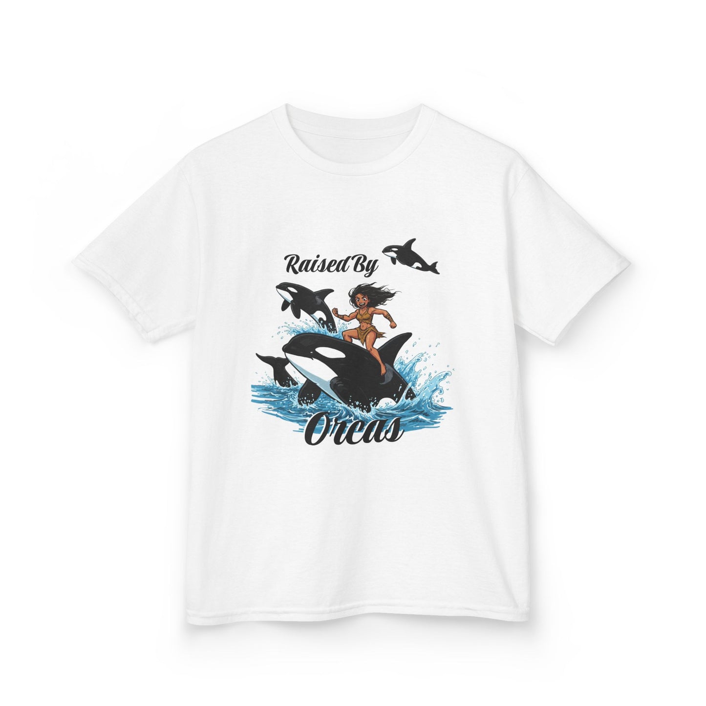 Funny 'Raised by Orcas' Whale-Themed Kids Tee | Fun & Playful Shirt for Ocean Lovers, Birthday Gift, Summer Outing, Beach Day, Adventure Shirt