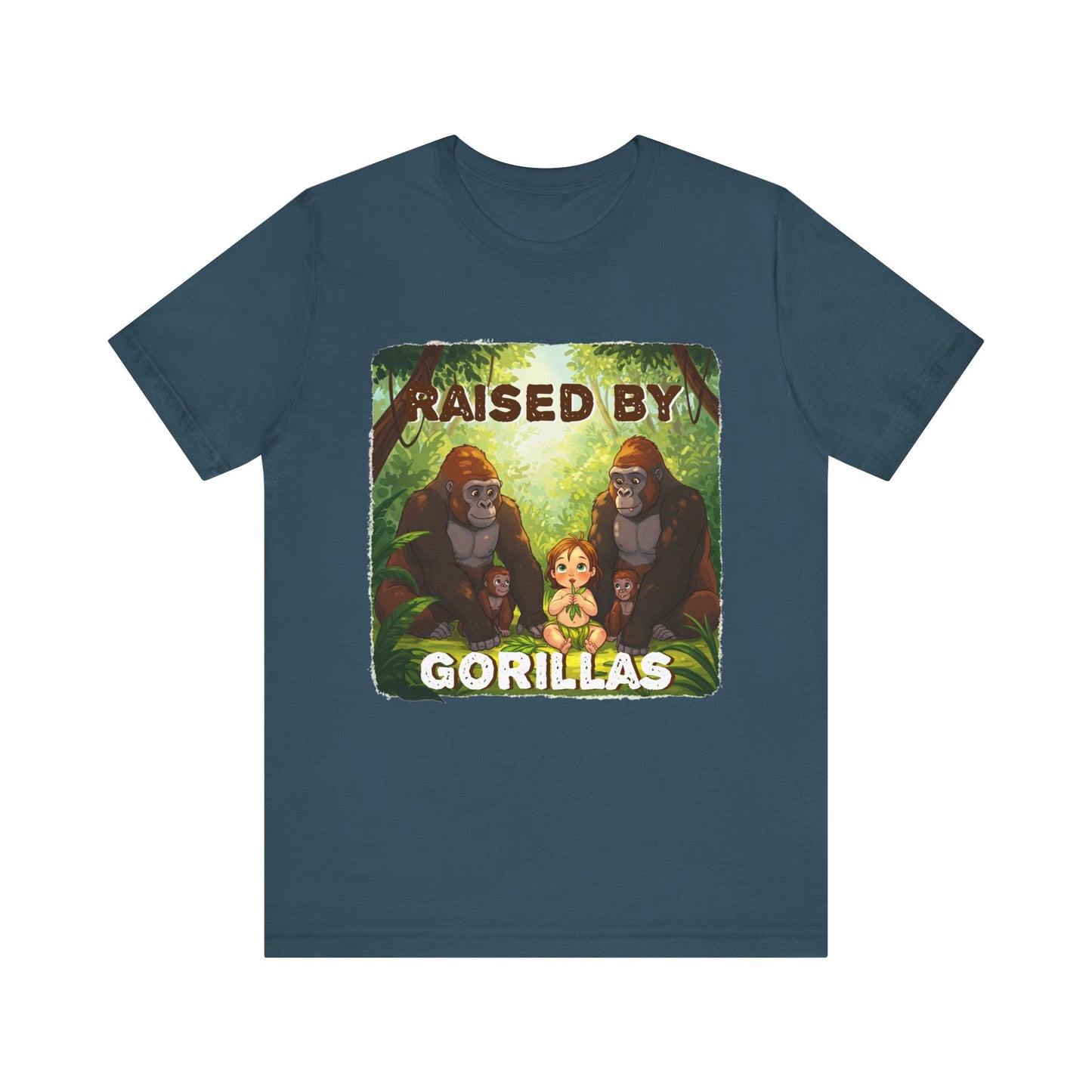 Funny Gorilla Graphic Tee - 'Raised by Gorillas' Unisex Jersey Shirt (Female character version) - Schmartypants