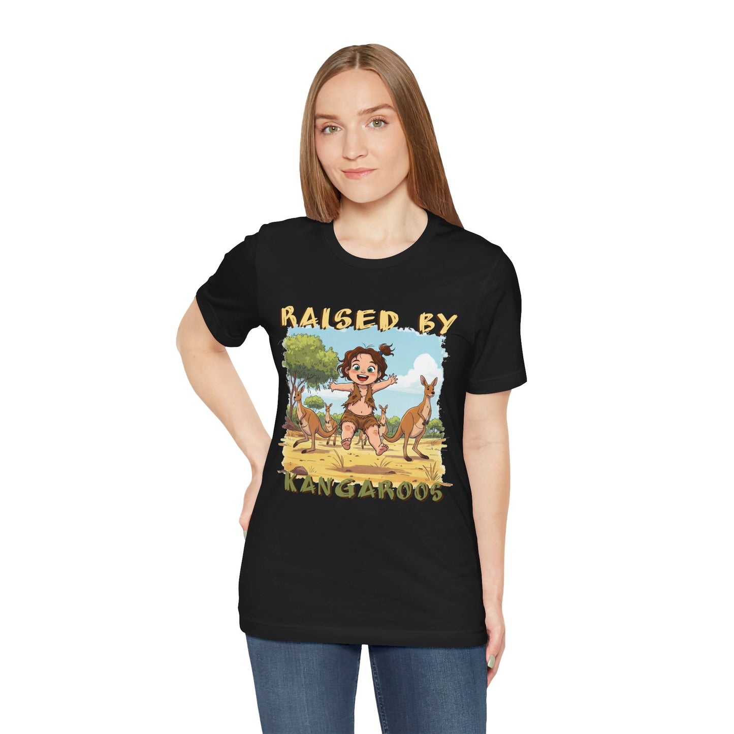 Cute, Funny Kangaroo Vibe Unisex Tee - "Raised by Kangaroos" (female character) - Australian Theme - Schmartypants