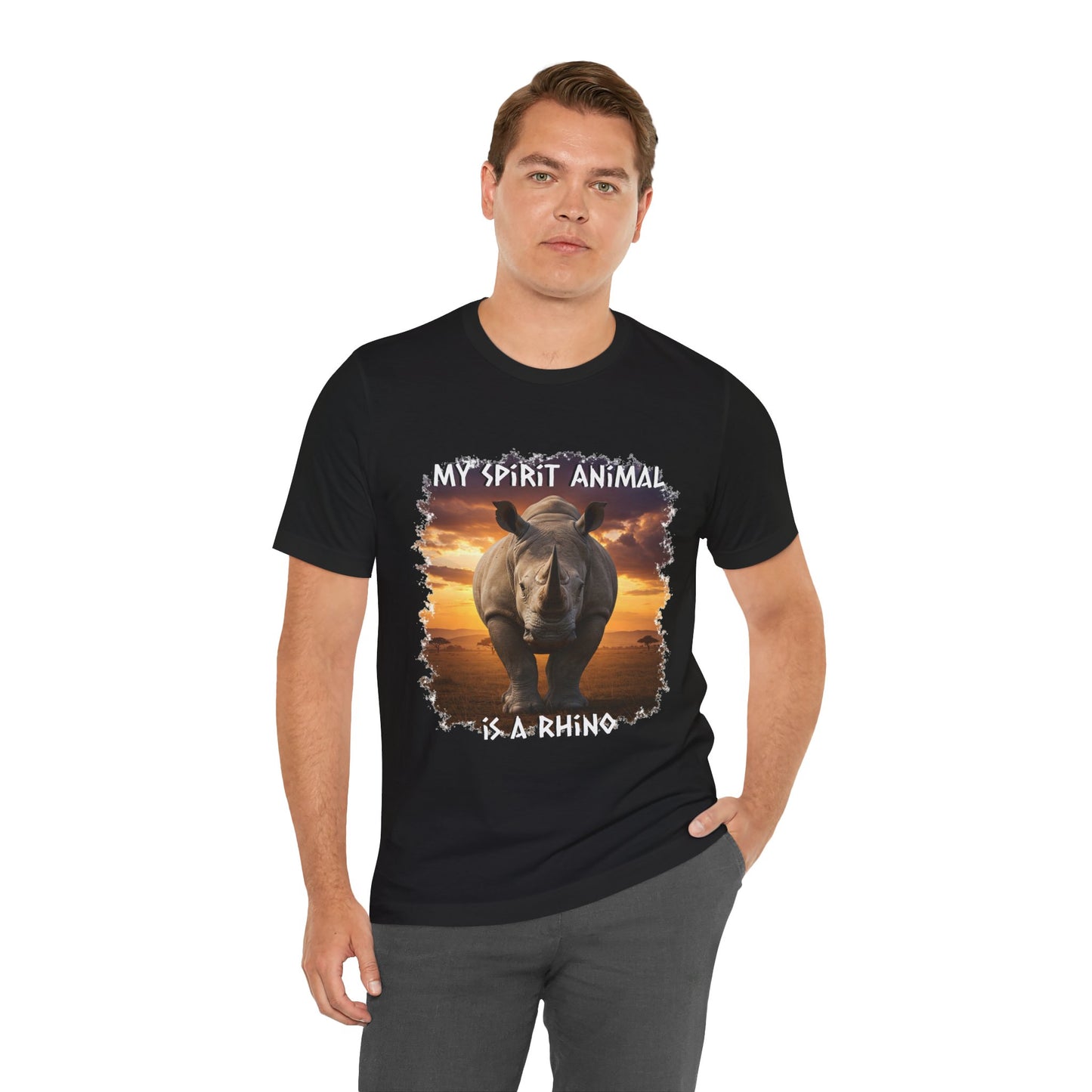 Rhino Spirit Animal Tee, Charging Rhinoceros Shirt for Nature Lovers, Zoo Outings, Safaris, Unisex Jersey Short Sleeve Tee