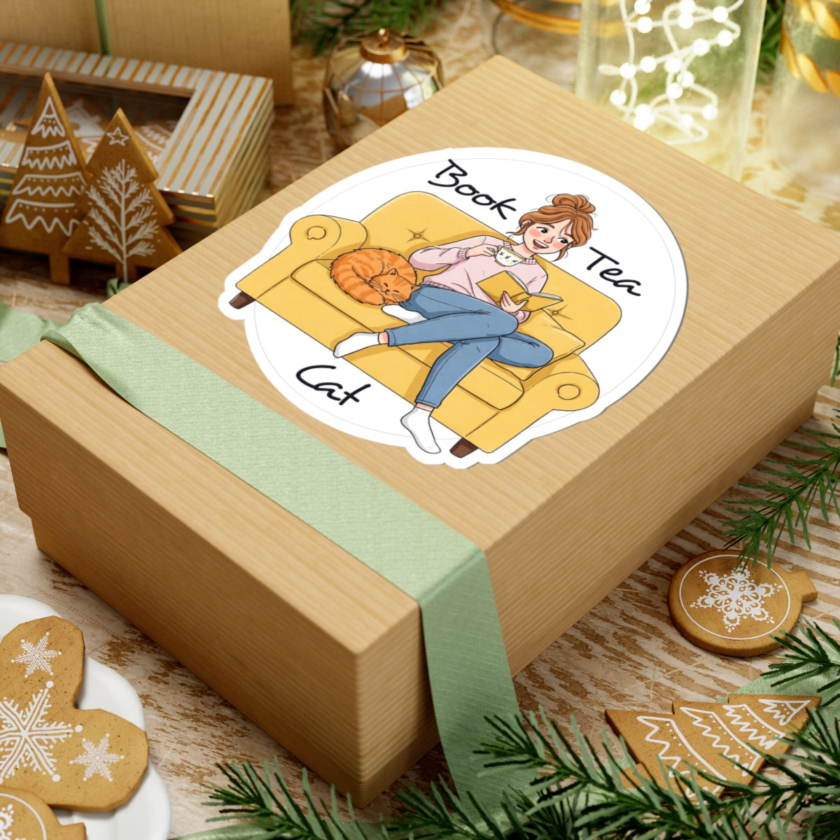 Cozy Cat Lover Sticker - "Book Tea Cat" Design - Whimsical Gift for Cat Lovers, Book Lovers, Tea Drinkers - Schmartypants