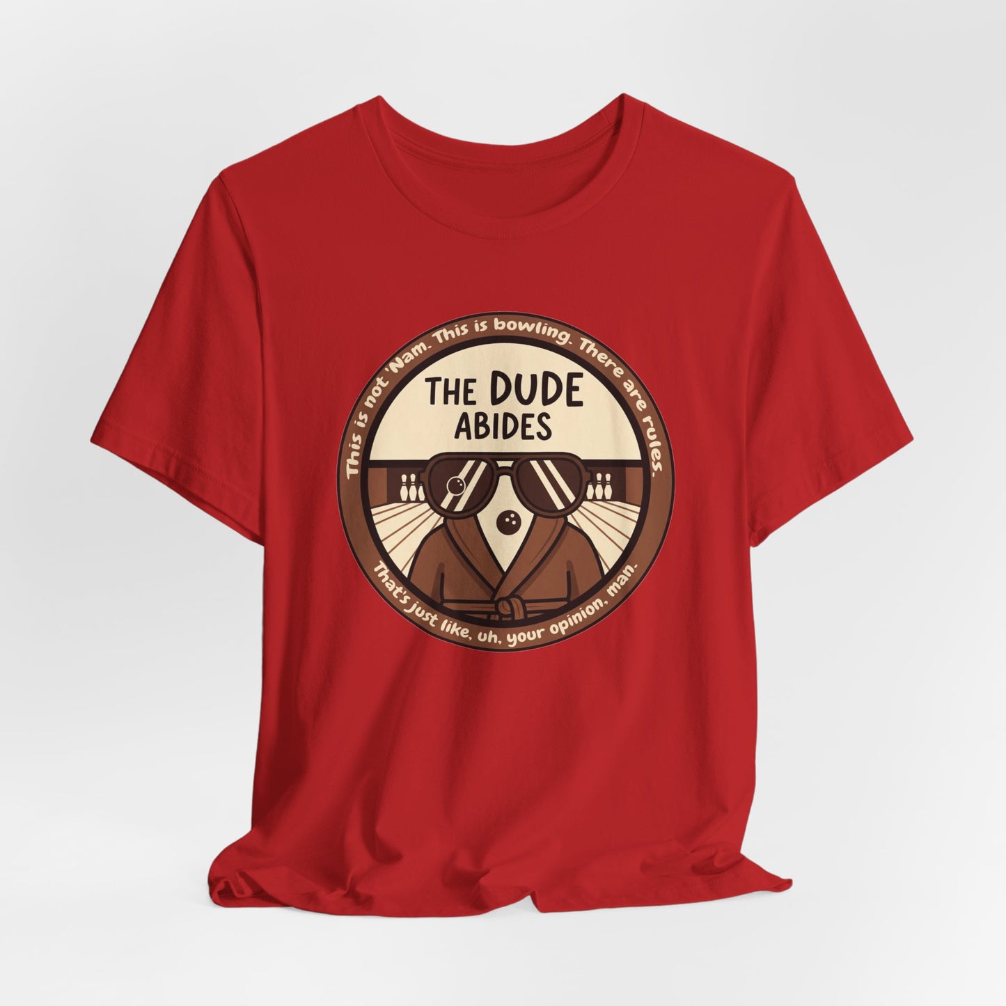 The Dude Abides Tee, Unisex T-Shirt for Movie Lovers, Gift for The Big Lebowski Fans, Casual Wear, Retro Vibe Bowling Tee