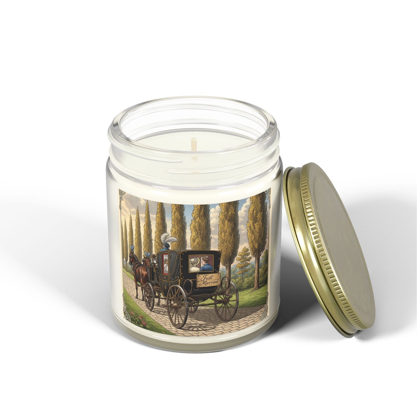 Scented Candles, Elegant 'Just Married' Carriage Ride Wedding Reception Gift, Coconut Apricot Wax Candle, Swag Item for Special Occasion