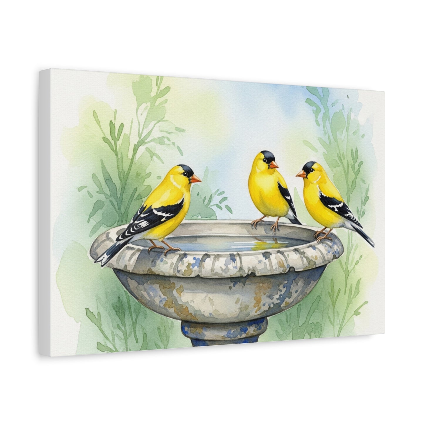 Goldfinches on Fountain Canvas Art, Nature Wall Decor, Yellow Finch Print, Home Decor, Gift for Bird Lovers, Spring Decoration