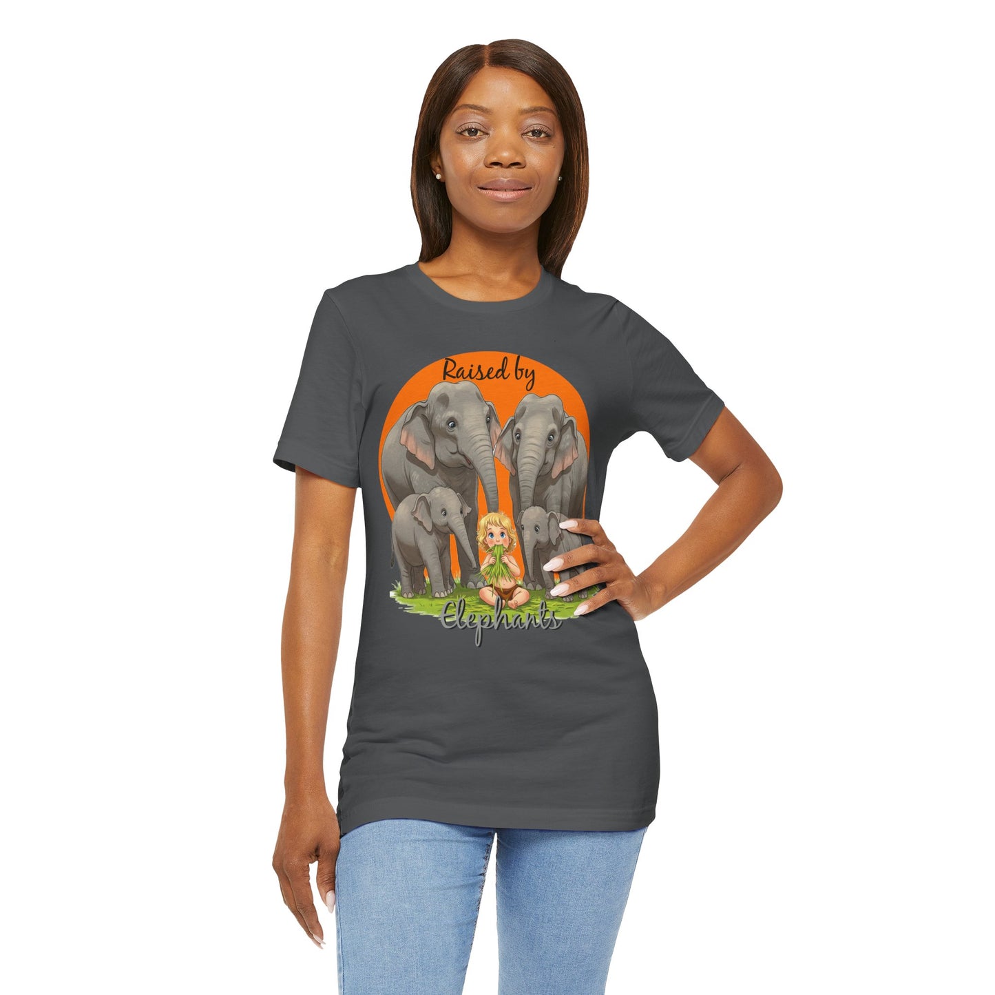 Funny Raised by Elephants Unisex Short Sleeve Tee - Perfect for Animal Lovers, Wildlife Fans (Women's Character version) - Schmartypants