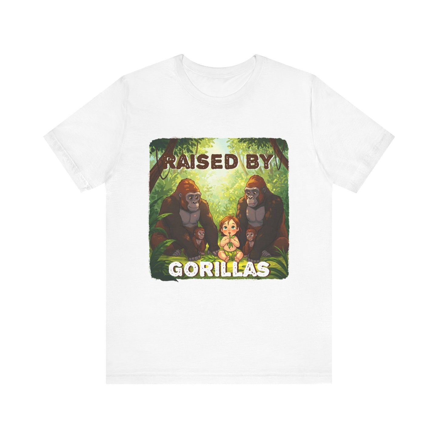 Funny Gorilla Graphic Tee - 'Raised by Gorillas' Unisex Jersey Shirt (Female character version) - Schmartypants