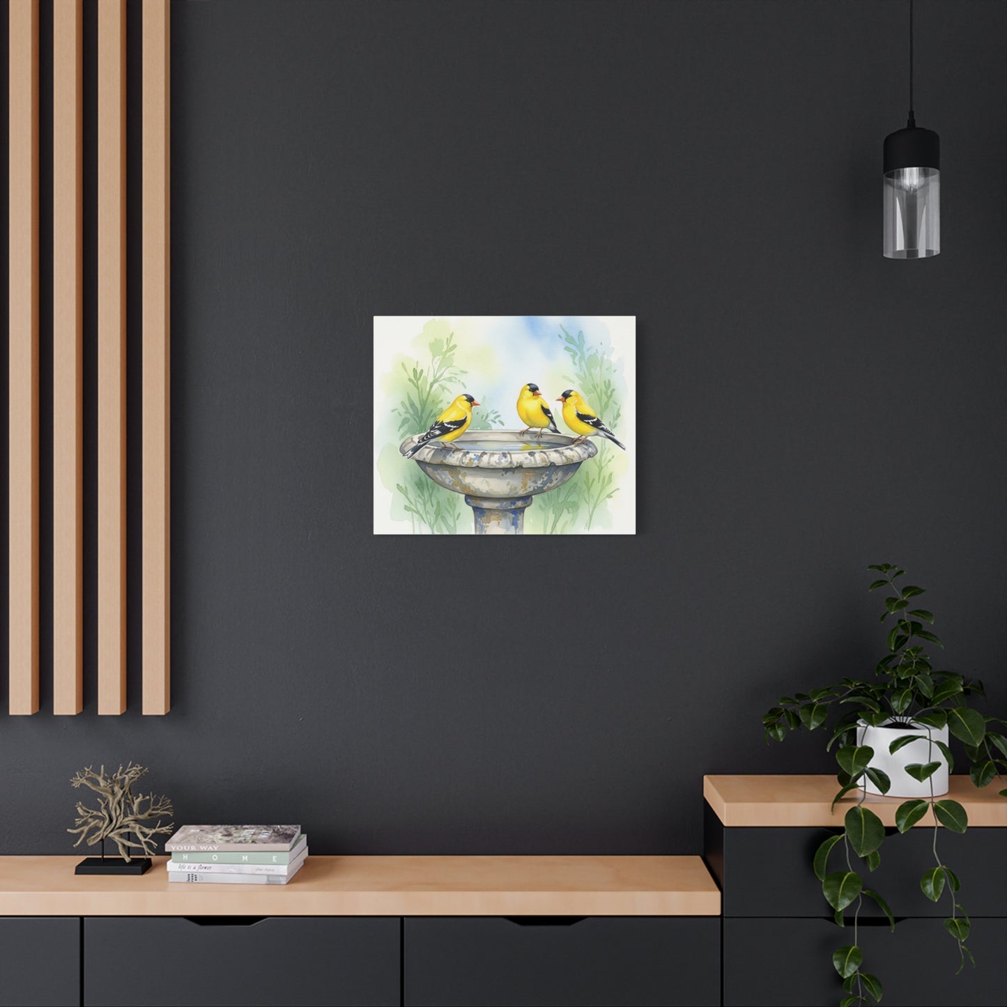 Goldfinches on Fountain Canvas Art, Nature Wall Decor, Yellow Finch Print, Home Decor, Gift for Bird Lovers, Spring Decoration