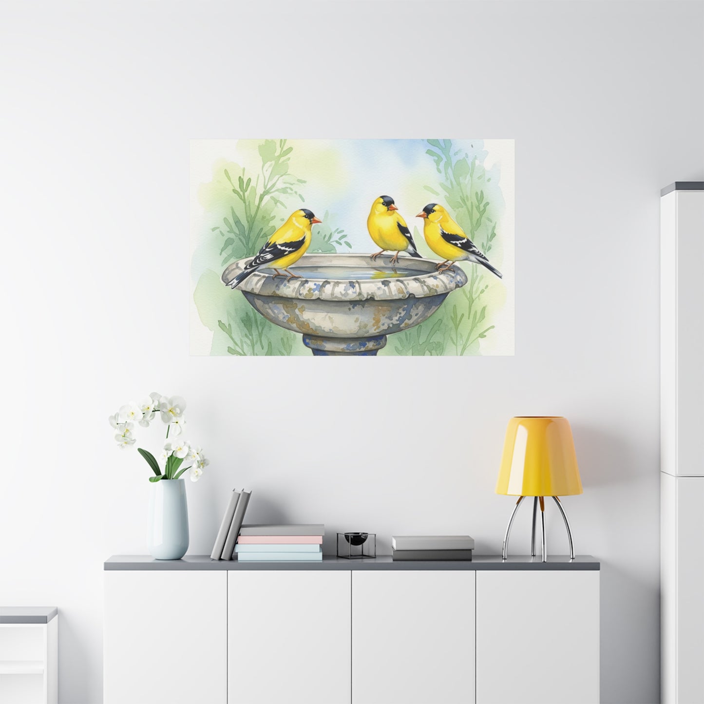 Goldfinches on Fountain Canvas Art, Nature Wall Decor, Yellow Finch Print, Home Decor, Gift for Bird Lovers, Spring Decoration