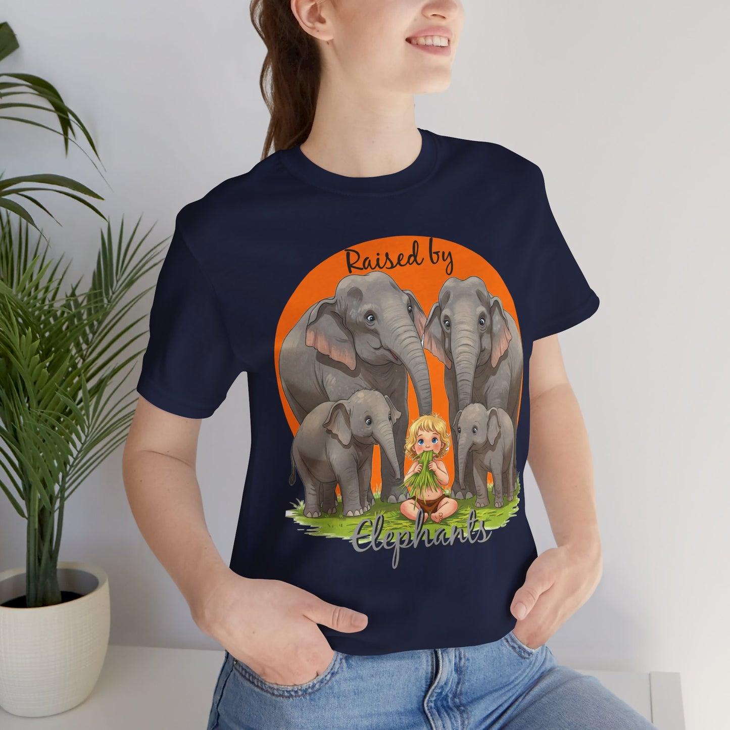 Funny Raised by Elephants Unisex Short Sleeve Tee - Perfect for Animal Lovers, Wildlife Fans (Women's Character version) - Schmartypants