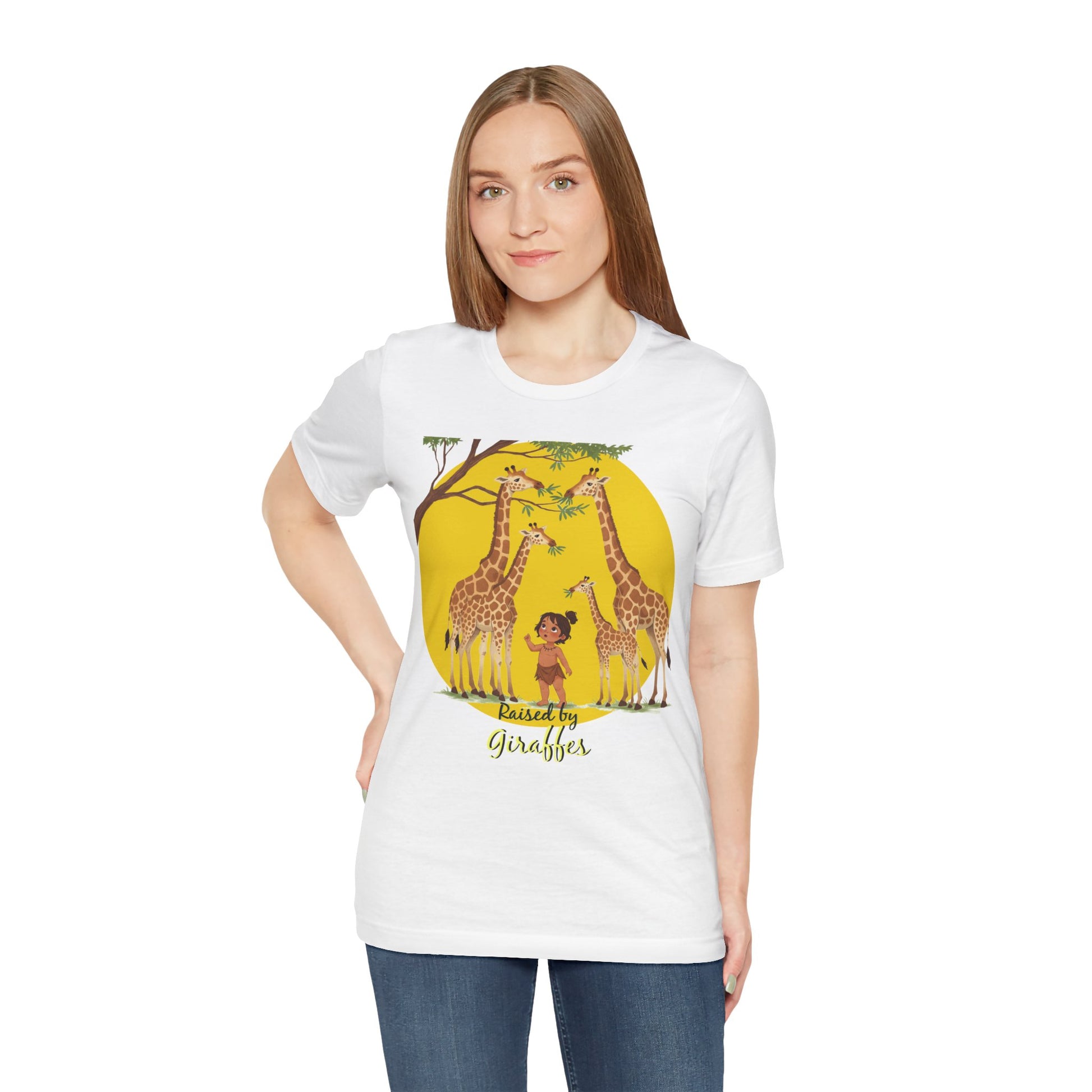 Raised by Giraffes Unisex T-Shirt - Funny Animal Lover Tee - Giraffe Lovers, Wildlife Enthusiasts (Female Character) - Schmartypants