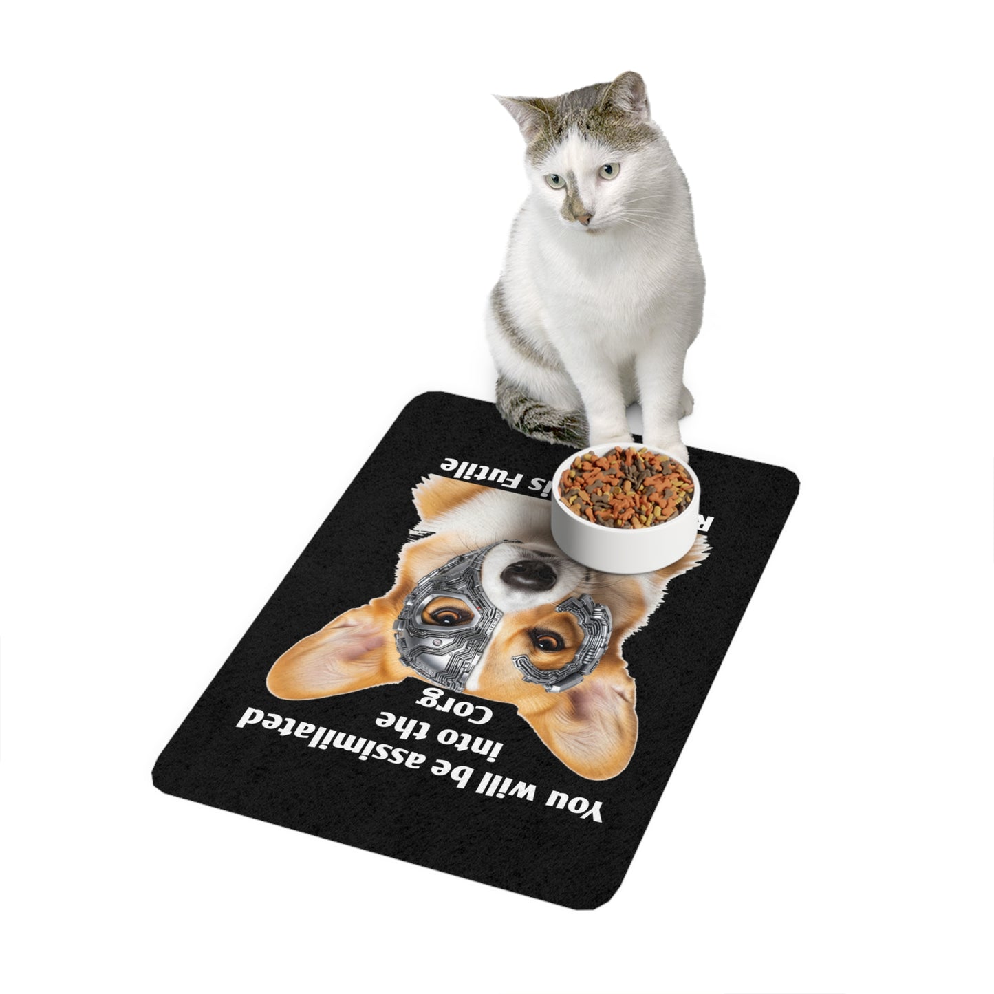 Funny Corgi Pet Food Mat, Resistance is Futile Trekkie Fan Dog Feeding Mat, Corgi Lover Gift, Kitchen Accessories, Animal Themed Decor
