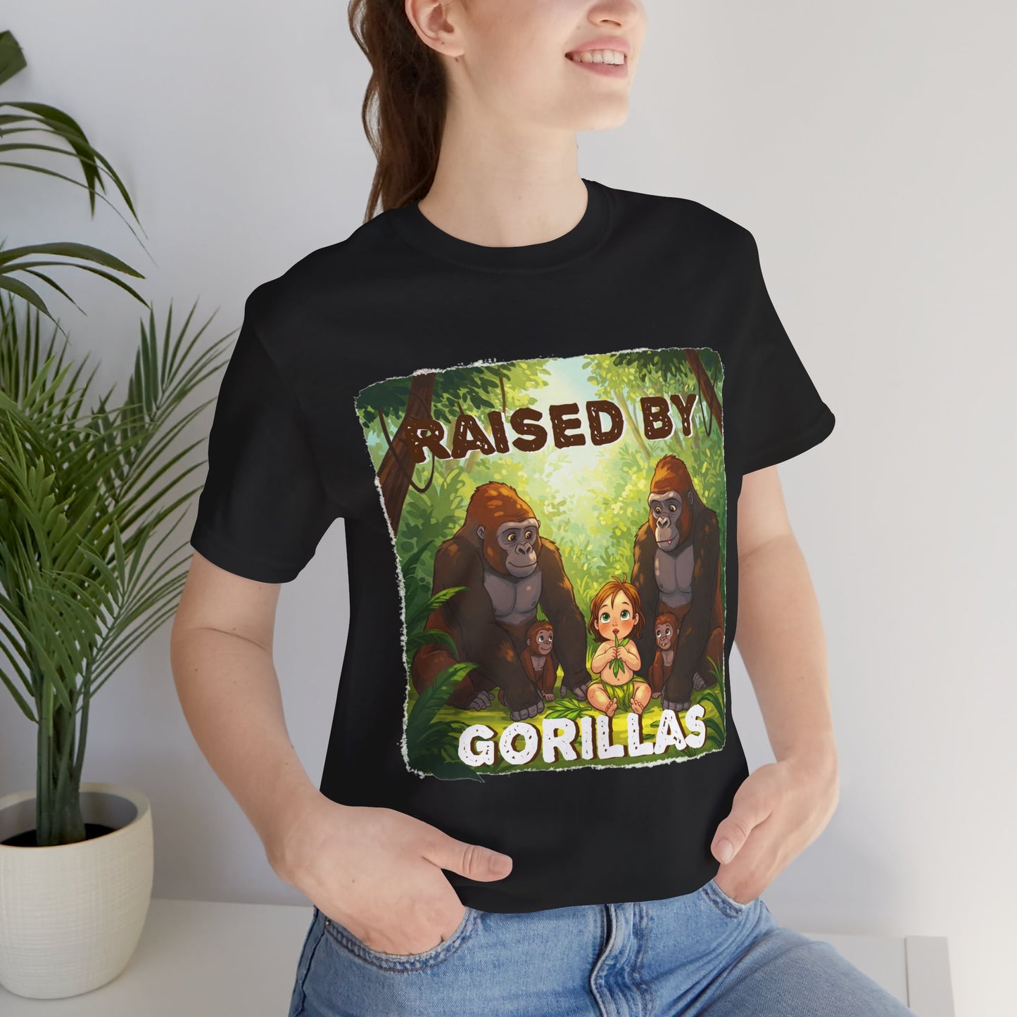 Funny Gorilla Graphic Tee - 'Raised by Gorillas' Unisex Jersey Shirt (Female character version) - Schmartypants