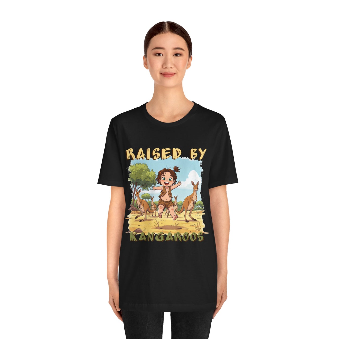 Cute, Funny Kangaroo Vibe Unisex Tee - "Raised by Kangaroos" (female character) - Australian Theme - Schmartypants
