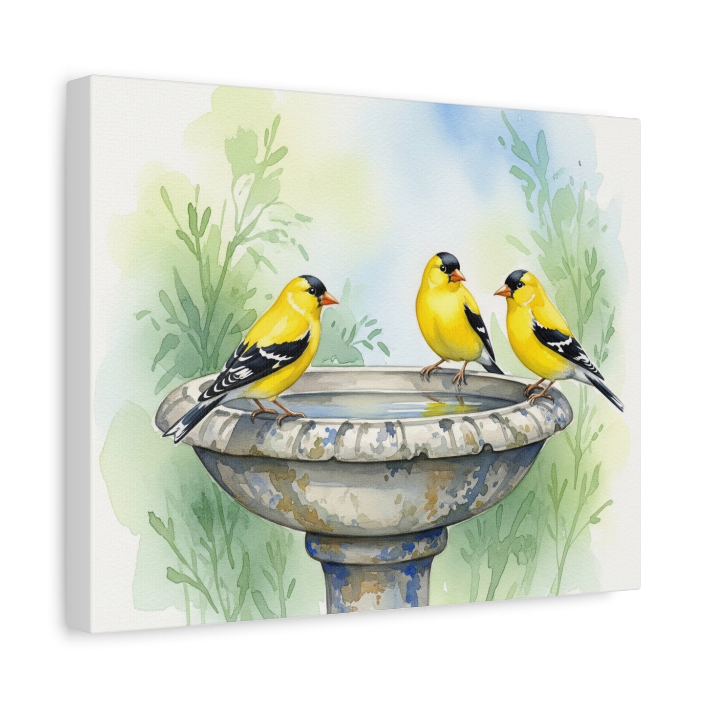 Goldfinches on Fountain Canvas Art, Nature Wall Decor, Yellow Finch Print, Home Decor, Gift for Bird Lovers, Spring Decoration