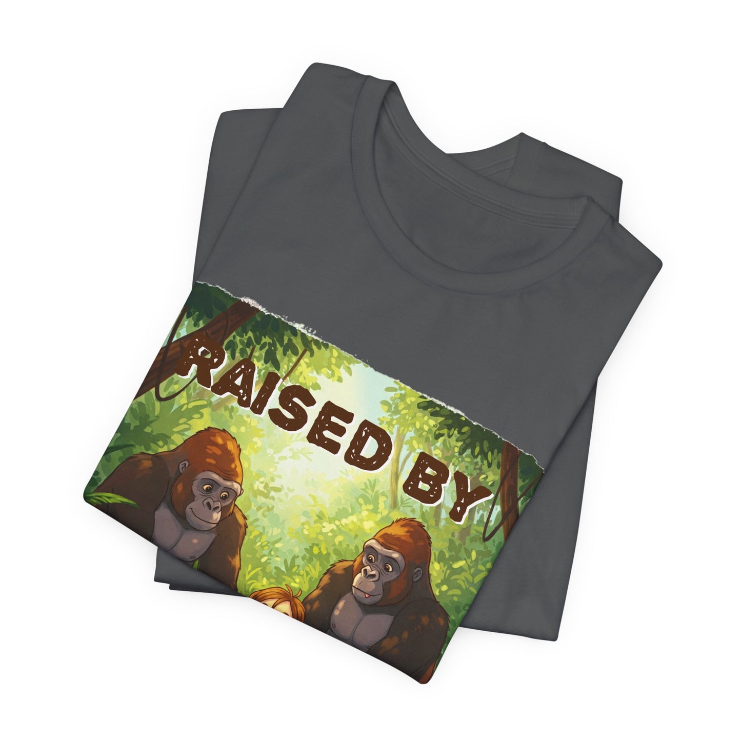 Funny Gorilla Graphic Tee - 'Raised by Gorillas' Unisex Jersey Shirt (Female character version) - Schmartypants