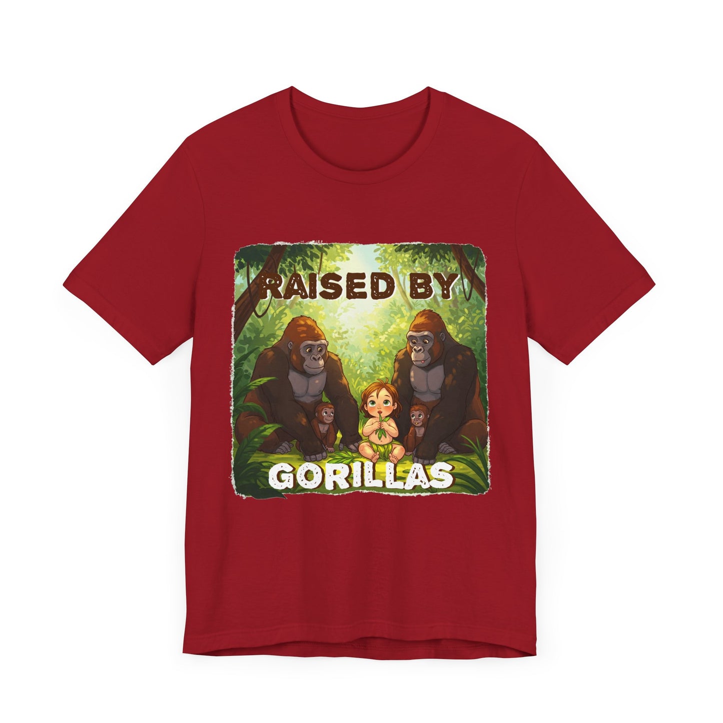 Funny Gorilla Graphic Tee - 'Raised by Gorillas' Unisex Jersey Shirt (Female character version) - Schmartypants