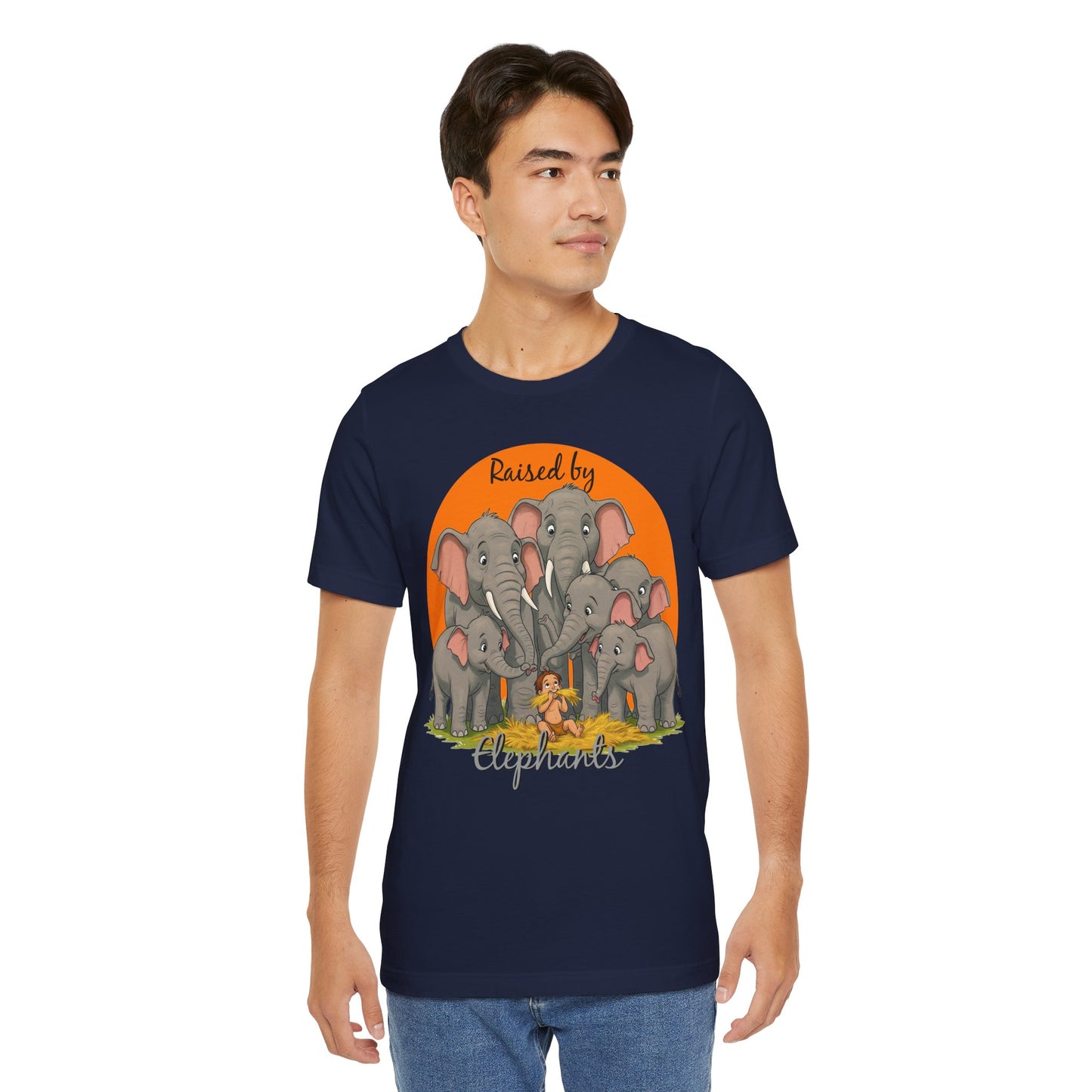 Elephant Lovers Tee - Funny 'Raised by Elephants' Unisex Jersey Short Sleeve Shirt - Wildlife and Nature Lovers Shirt (Male Character Version) - Schmartypants
