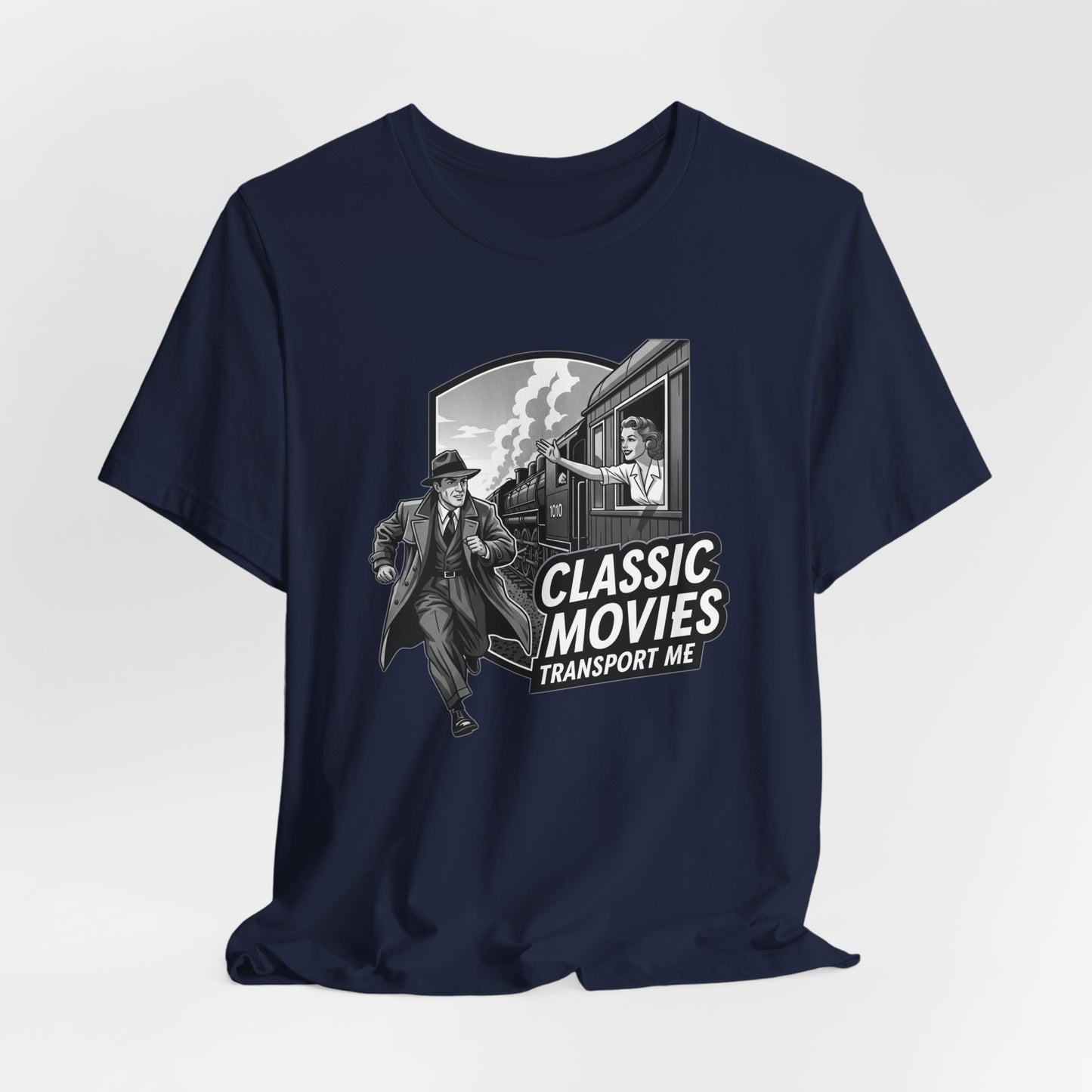 Classic Movies Transport Me Unisex Tee, Vintage Movie Lover Shirt, Locomotive T-Shirt, Film Buff Gift, Nostalgic Film Apparel