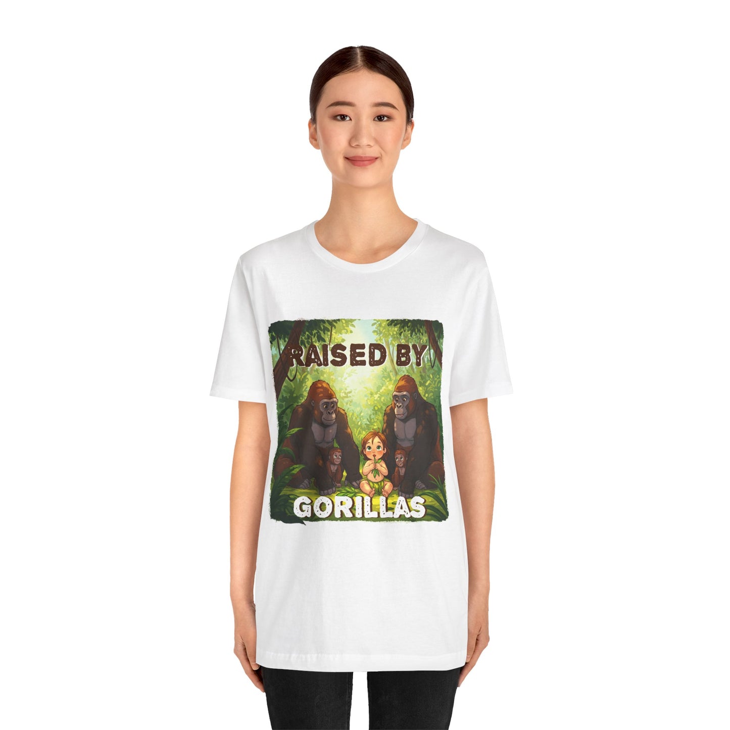 Funny Gorilla Graphic Tee - 'Raised by Gorillas' Unisex Jersey Shirt (Female character version) - Schmartypants