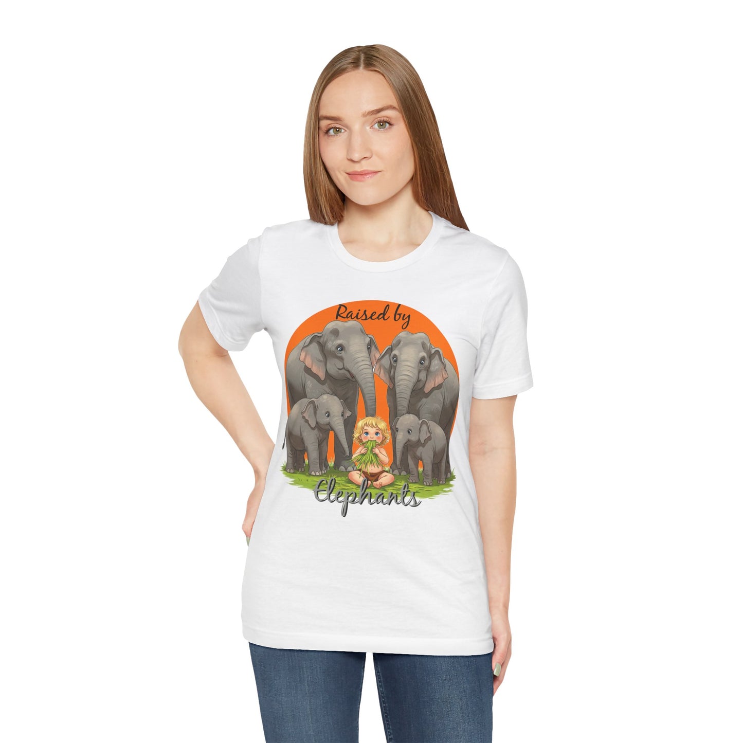 Funny Raised by Elephants Unisex Short Sleeve Tee - Perfect for Animal Lovers, Wildlife Fans (Women's Character version) - Schmartypants