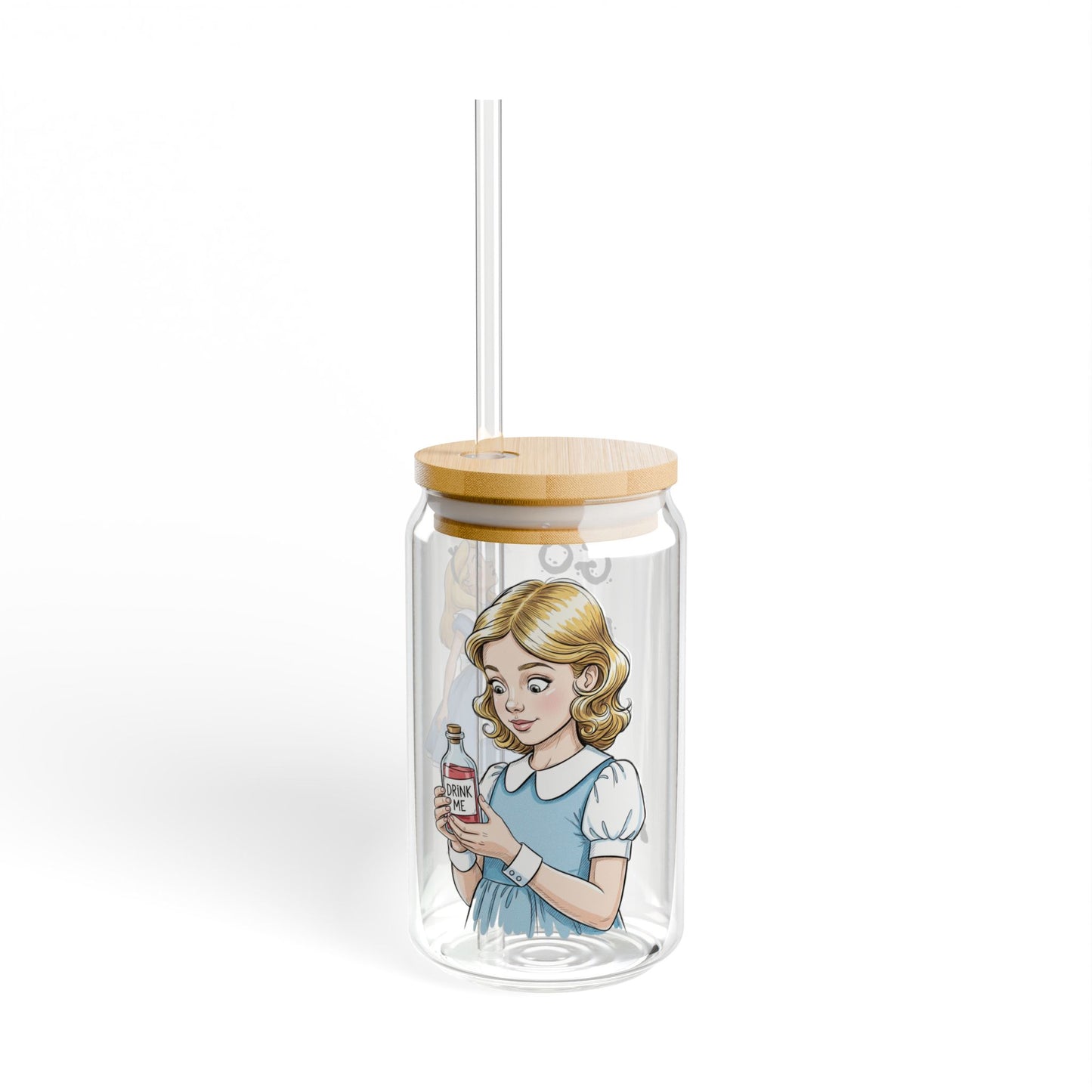 Alice in Wonderland 'Drink Me' Sipper Glass, 16oz with Straw, 'Go Ask Alice' Design, Cute Drinkware for Tea Parties, Gifts for Readers