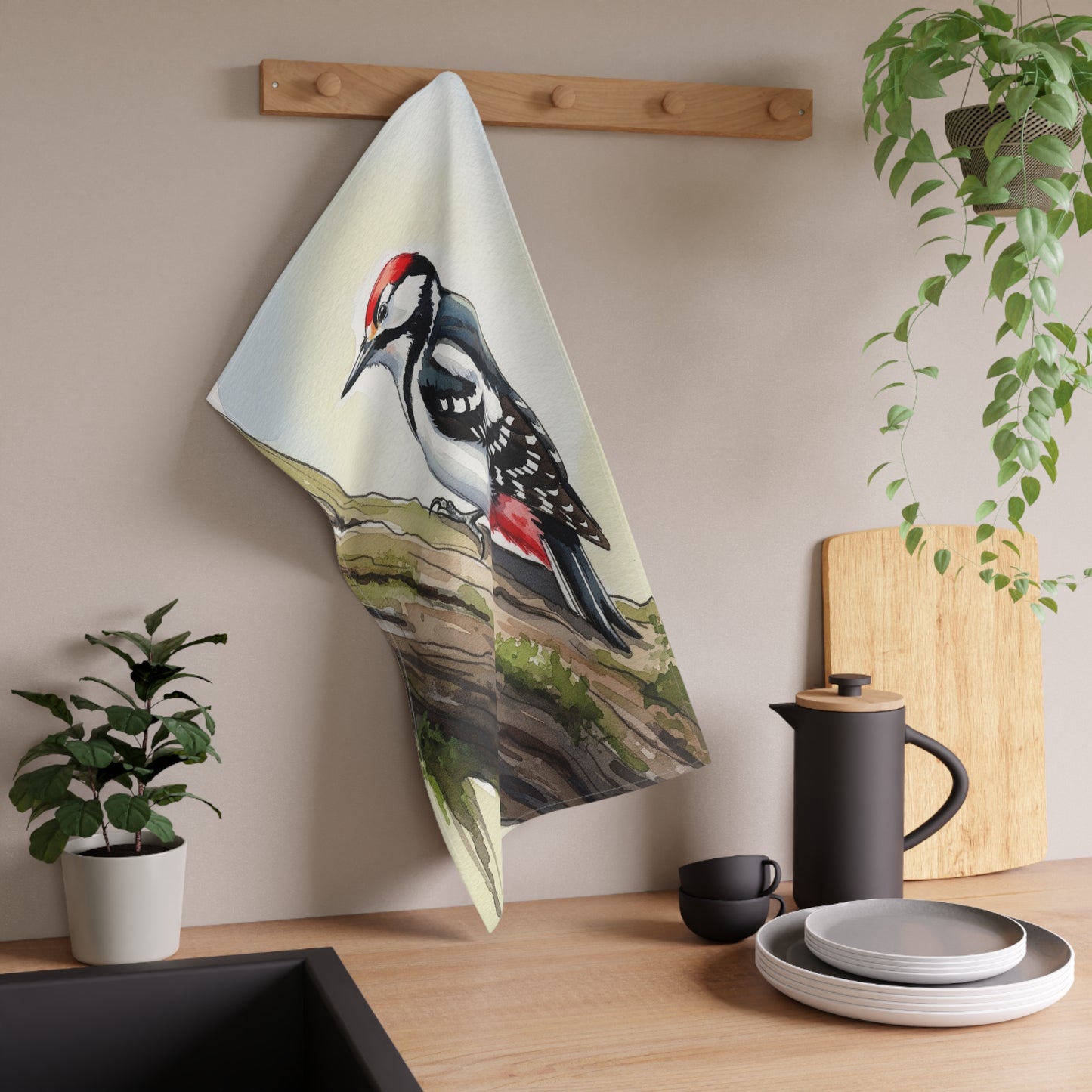 Woodpecker Tea Towel - Cotton Kitchen Towel, Housewarming Gift, Watercolor Design, Wedding Present, Bird Lover Home Decor