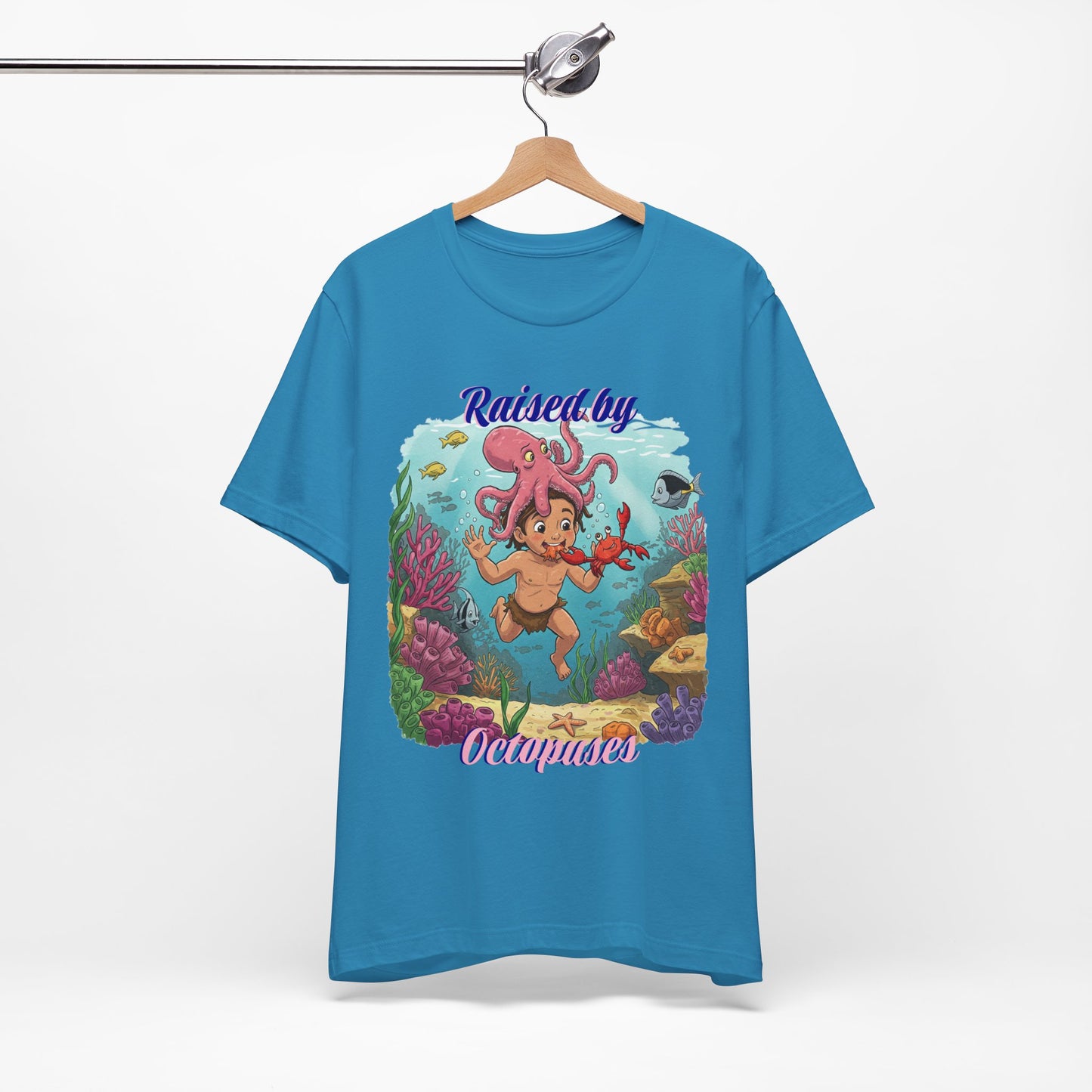 Ocean-Inspired Unisex Tee - Funny "Raised by Octopus", Fun Gift for Marine Lovers, Summer Beachwear, Cute Animal T-Shirt