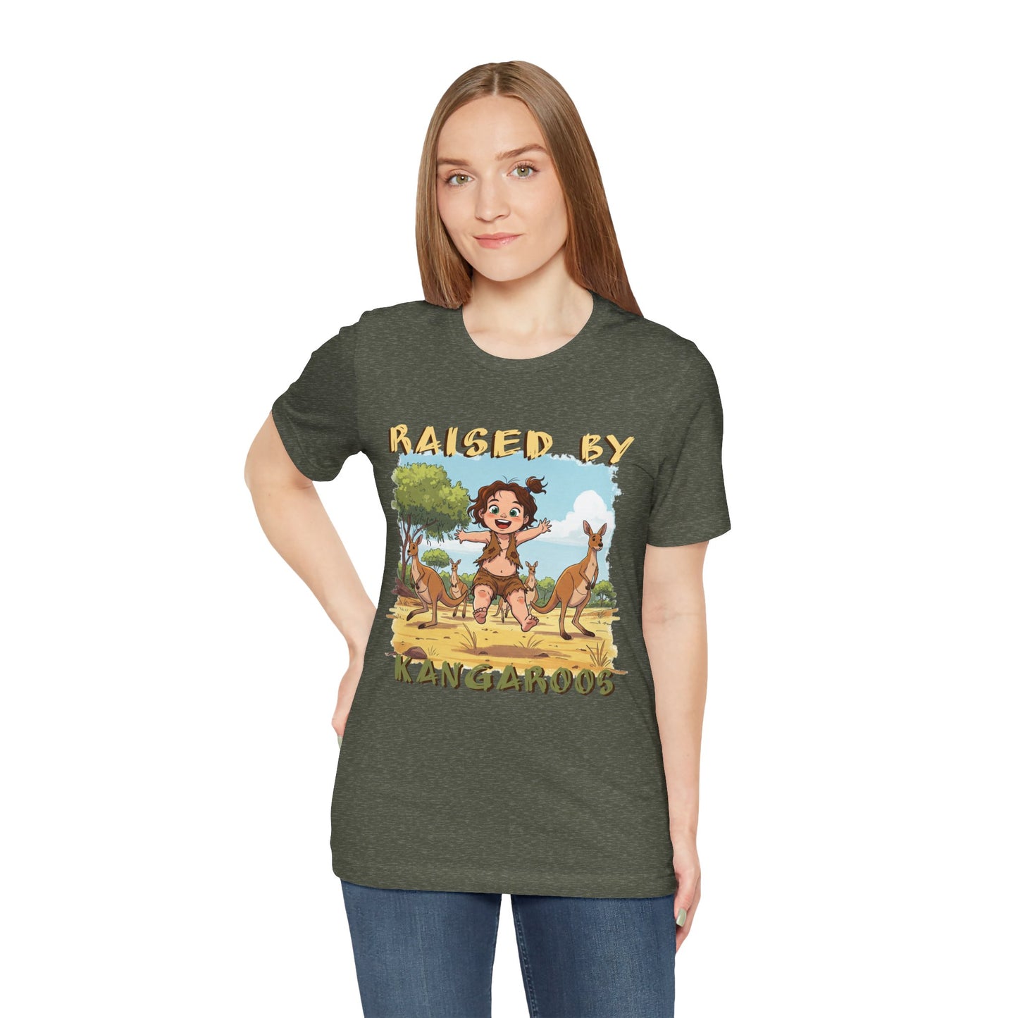 Cute, Funny Kangaroo Vibe Unisex Tee - "Raised by Kangaroos" (female character) - Australian Theme - Schmartypants