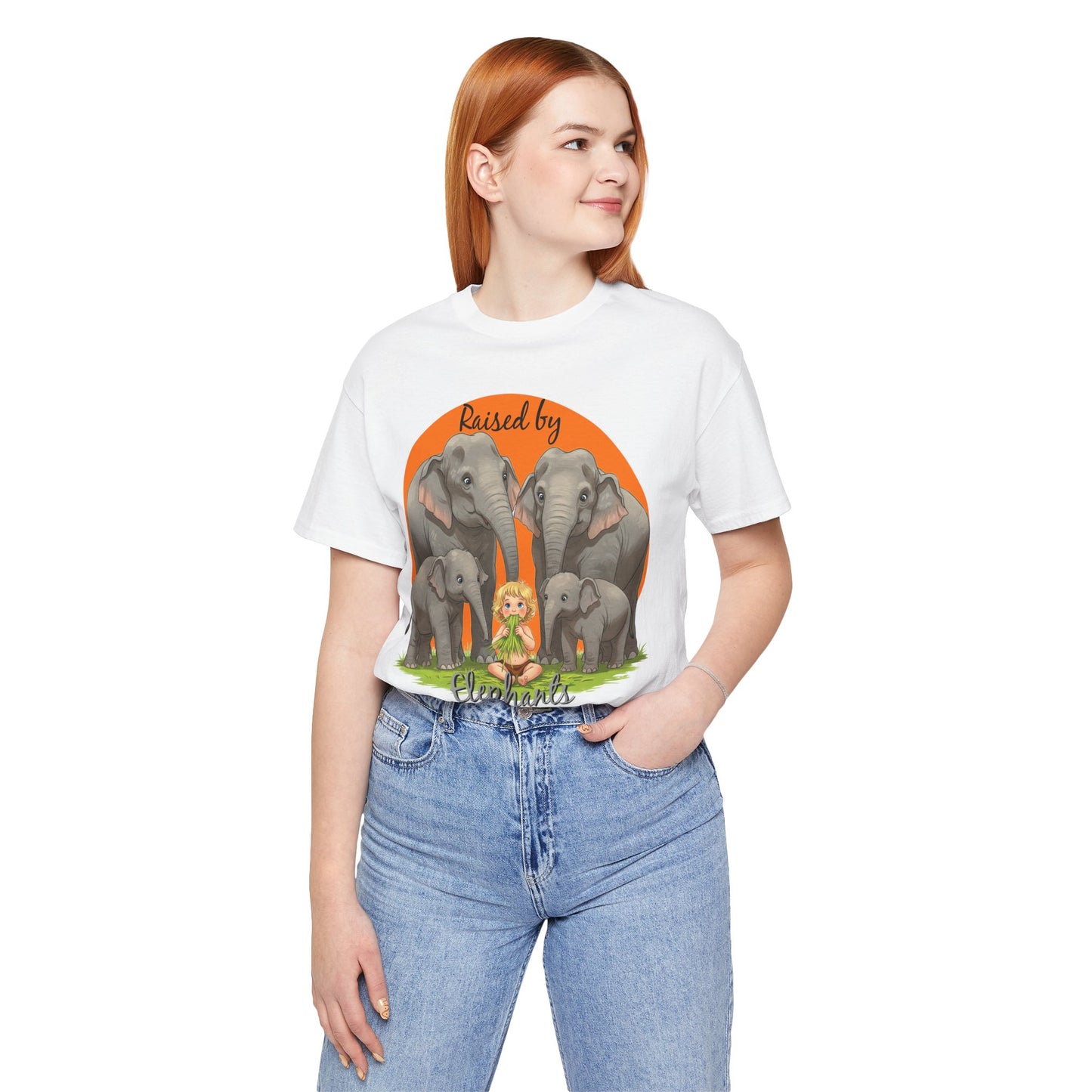 Funny Raised by Elephants Unisex Short Sleeve Tee - Perfect for Animal Lovers, Wildlife Fans (Women's Character version) - Schmartypants