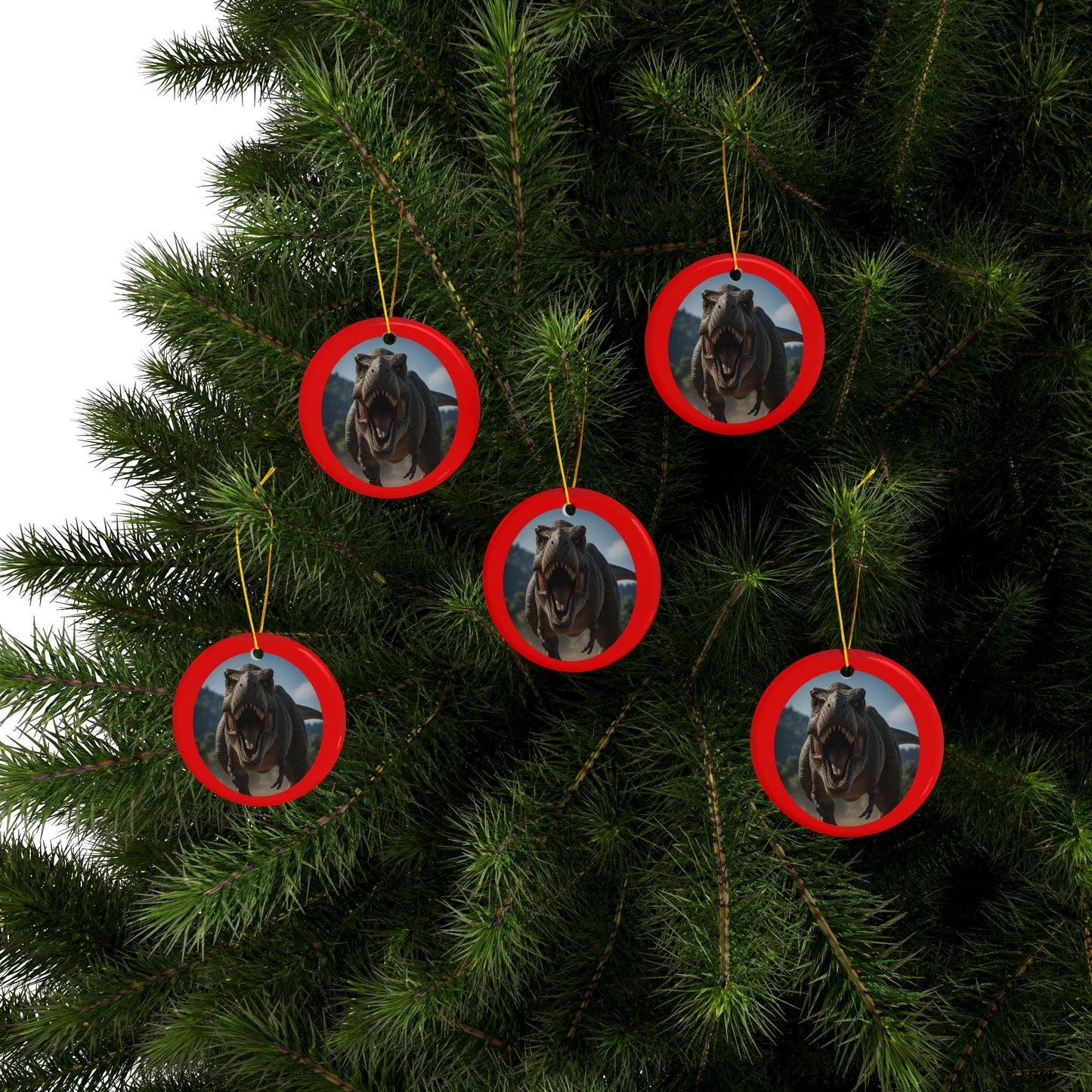 Roaring T-Rex Jurassic Era Dinosaur Ceramic Christmas Tree Ornaments, 2-Sided Keepsakes, Collectibles, Party Favors