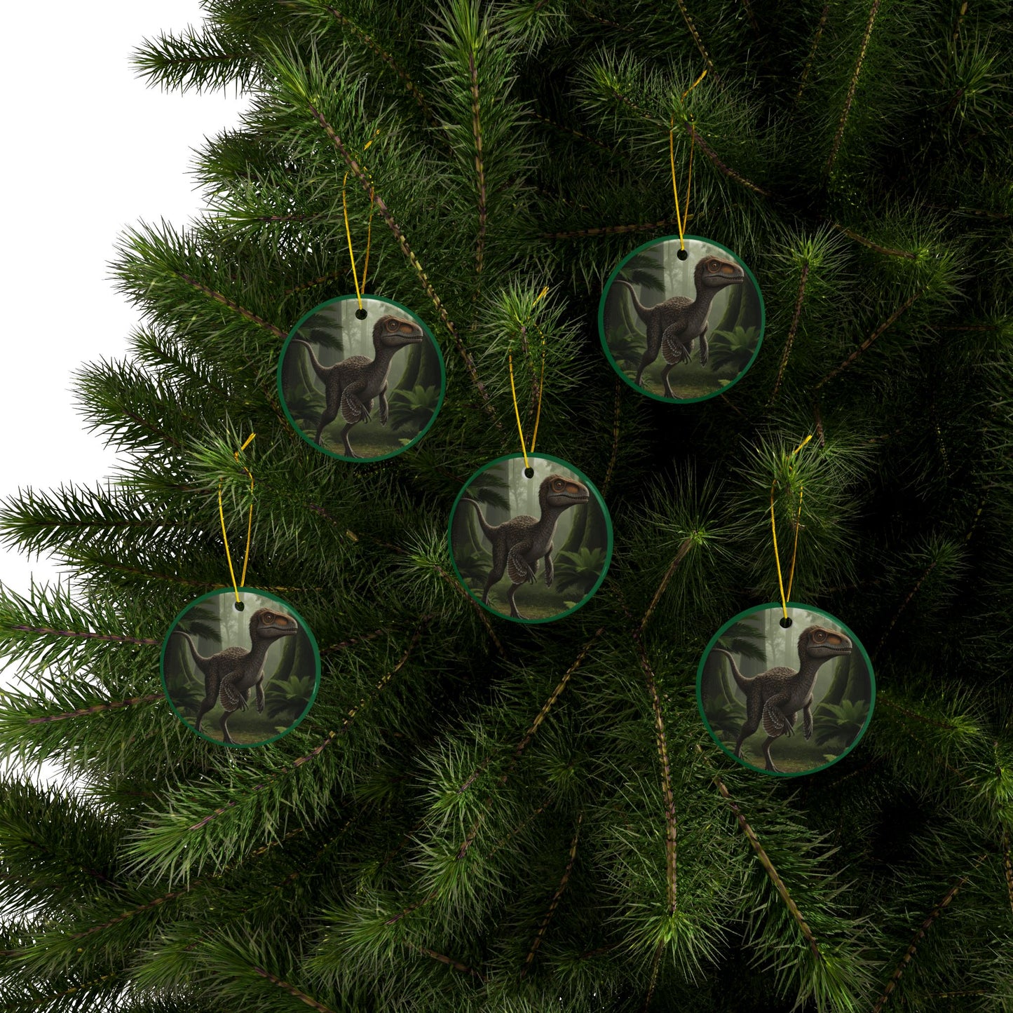 Troodon Jurassic Era Dinosaur Themed Ceramic Christmas Tree Ornaments, 2-Sided Collectible, Keepsake, Party Favor