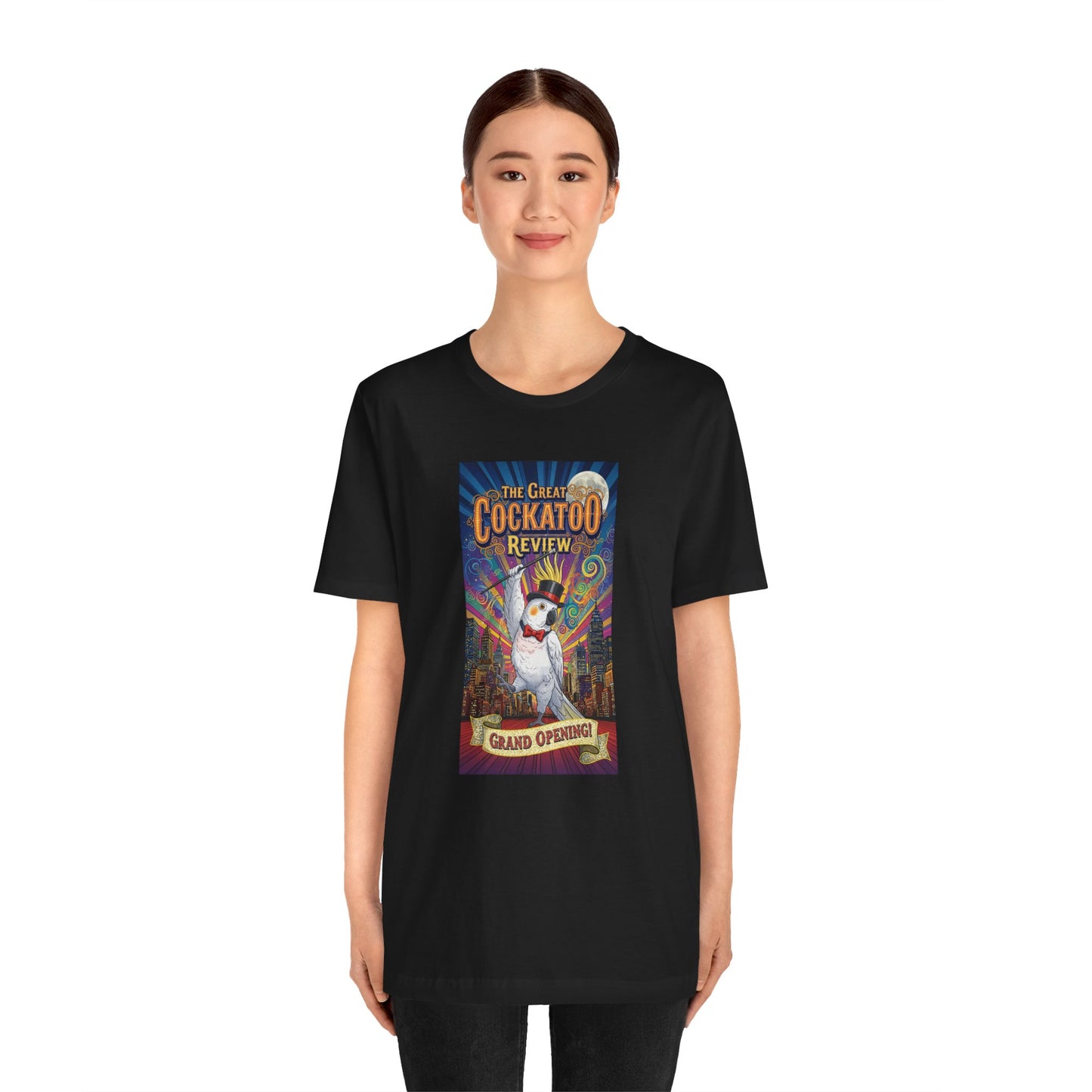 Grand Opening Cockatoo Review Tee - Funny Bird Graphic T-Shirt, Unique Gift for Cockatoo Owners, Casual Wear, Animal Lover Shirt