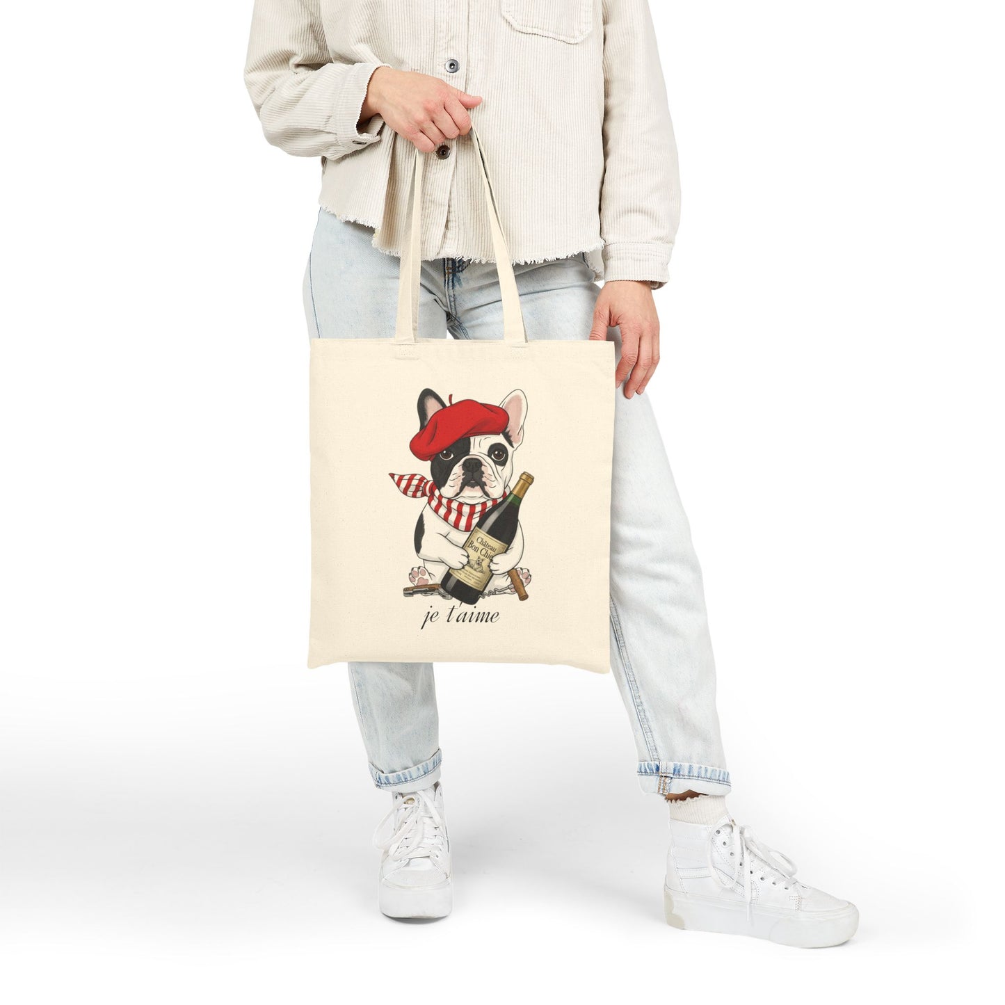 Chic French Bulldog 'je t'aime' Canvas Tote Bag - Eco-Friendly Shopping, Gift for Dog Lovers, Cute Beach Bag, Pet Owner Accessory