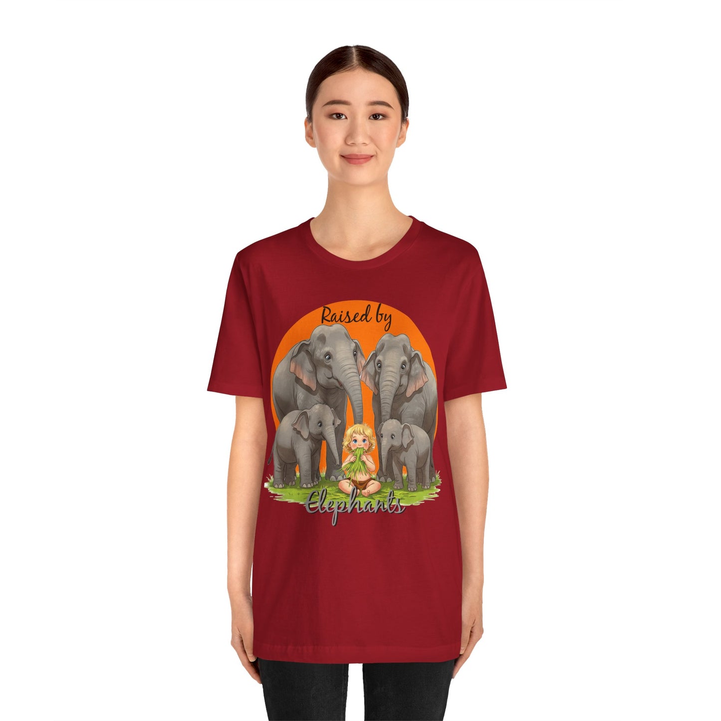 Funny Raised by Elephants Unisex Short Sleeve Tee - Perfect for Animal Lovers, Wildlife Fans (Women's Character version) - Schmartypants
