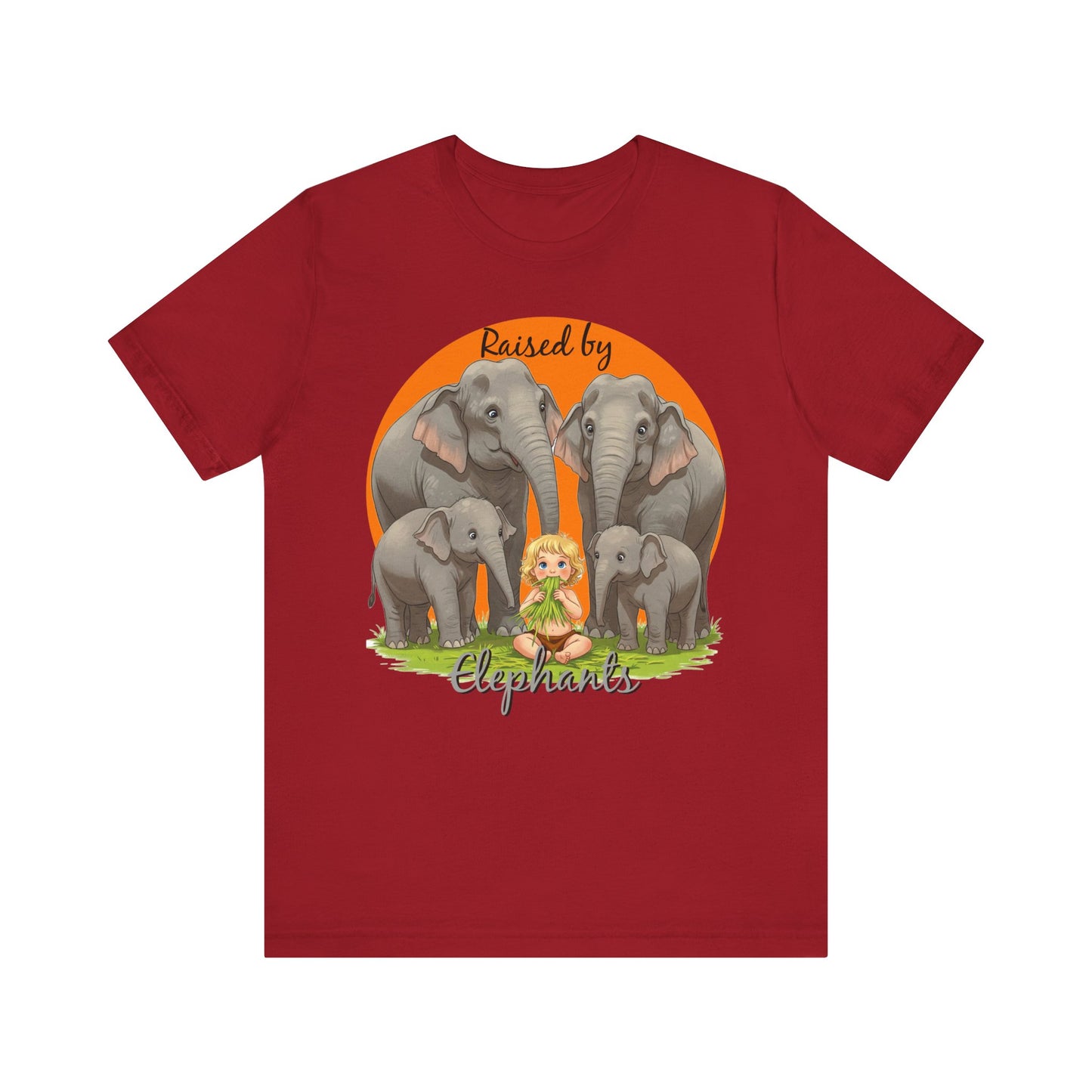 Funny Raised by Elephants Unisex Short Sleeve Tee - Perfect for Animal Lovers, Wildlife Fans (Women's Character version) - Schmartypants