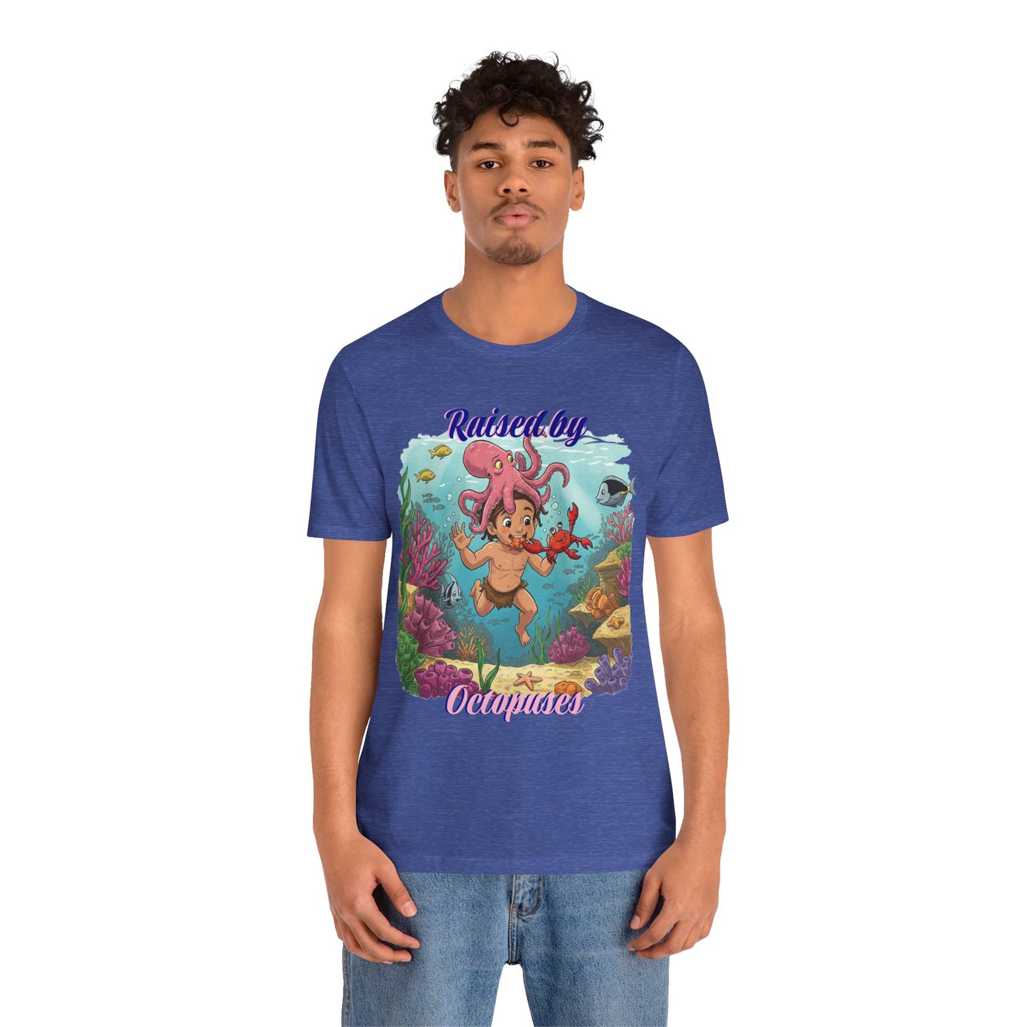 Ocean-Inspired Unisex Tee - Funny "Raised by Octopus", Fun Gift for Marine Lovers, Summer Beachwear, Cute Animal T-Shirt