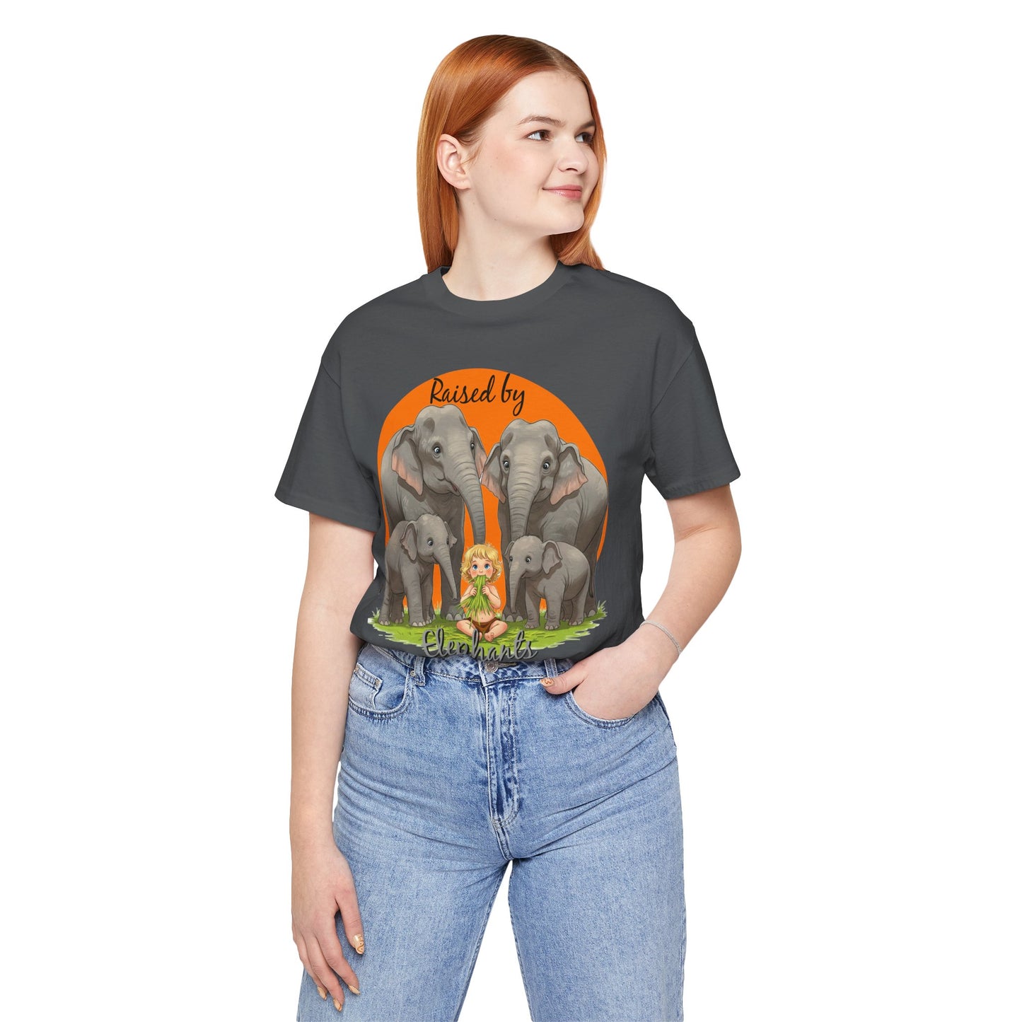 Funny Raised by Elephants Unisex Short Sleeve Tee - Perfect for Animal Lovers, Wildlife Fans (Women's Character version) - Schmartypants