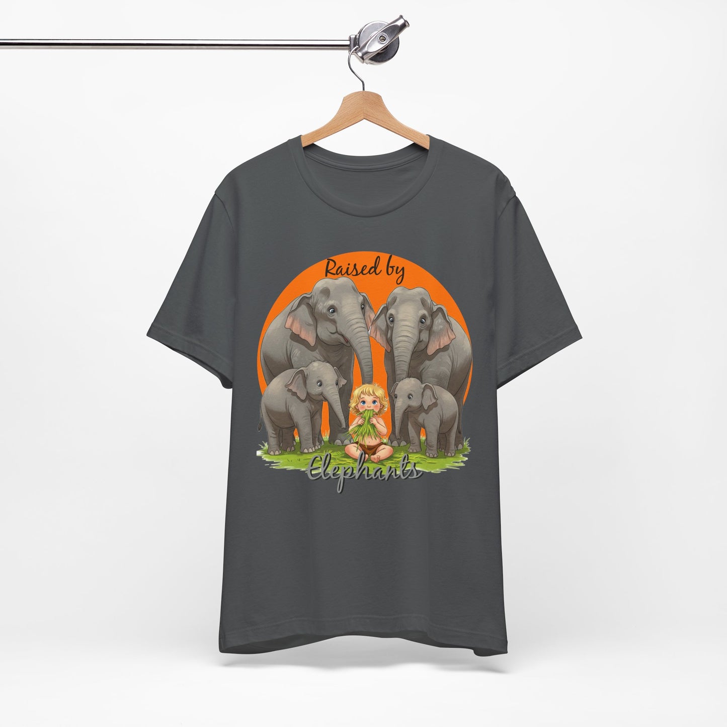 Funny Raised by Elephants Unisex Short Sleeve Tee - Perfect for Animal Lovers, Wildlife Fans (Women's Character version) - Schmartypants