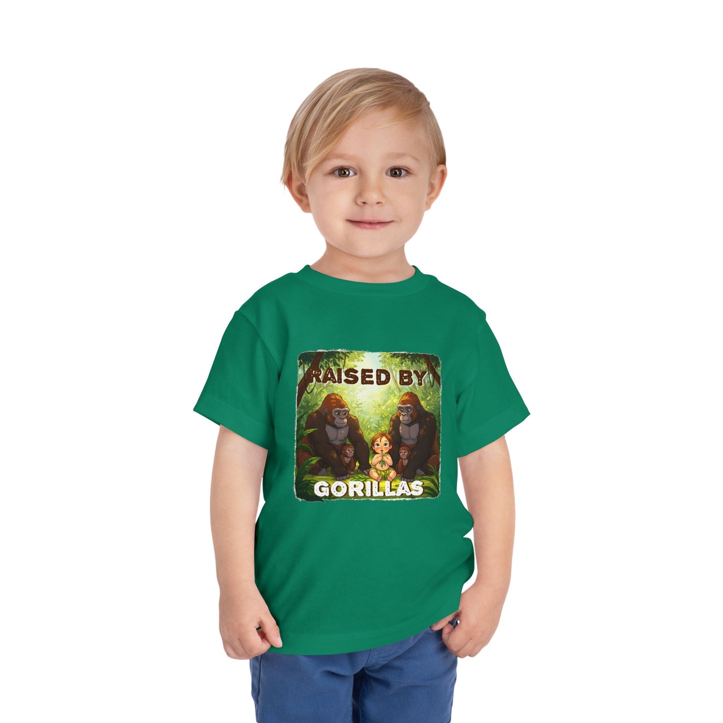 Funny 'Raised by Gorillas' Toddler Tee - Fun Jungle Adventure Shirt for Kids (female character version) - Schmartypants