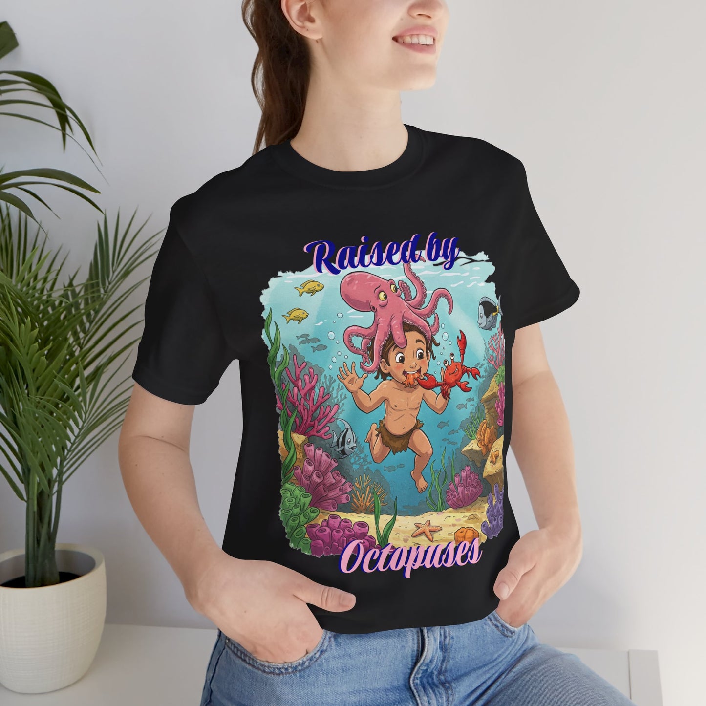 Ocean-Inspired Unisex Tee - Funny "Raised by Octopus", Fun Gift for Marine Lovers, Summer Beachwear, Cute Animal T-Shirt