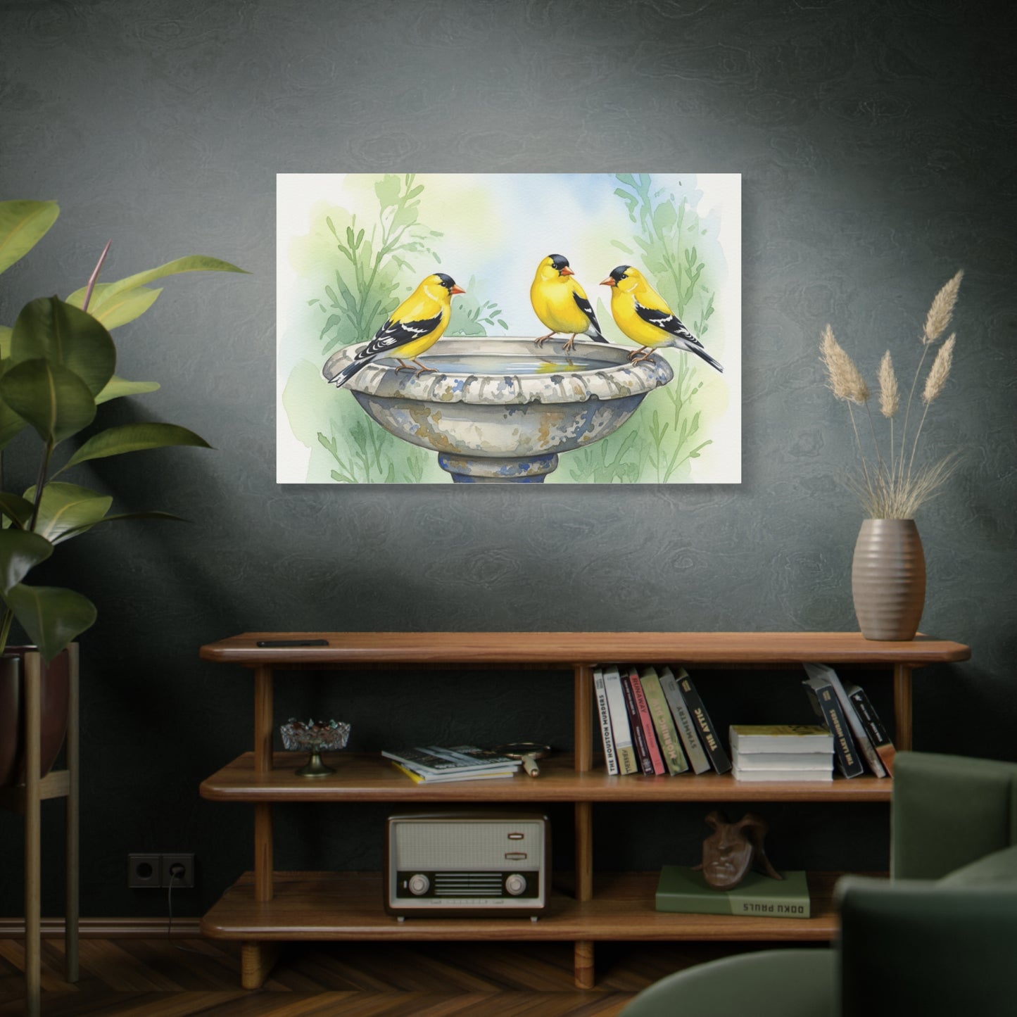 Goldfinches on Fountain Canvas Art, Nature Wall Decor, Yellow Finch Print, Home Decor, Gift for Bird Lovers, Spring Decoration