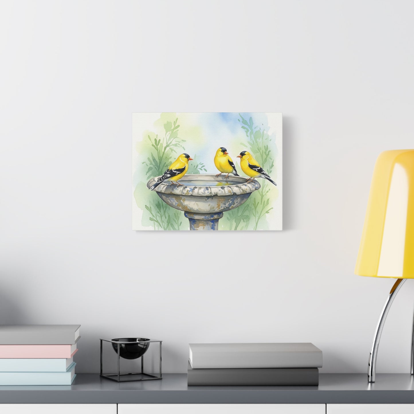 Goldfinches on Fountain Canvas Art, Nature Wall Decor, Yellow Finch Print, Home Decor, Gift for Bird Lovers, Spring Decoration