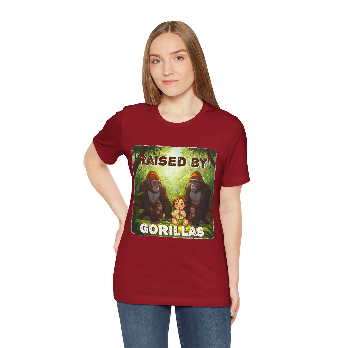 Funny Gorilla Graphic Tee - 'Raised by Gorillas' Unisex Jersey Shirt (Female character version) - Schmartypants