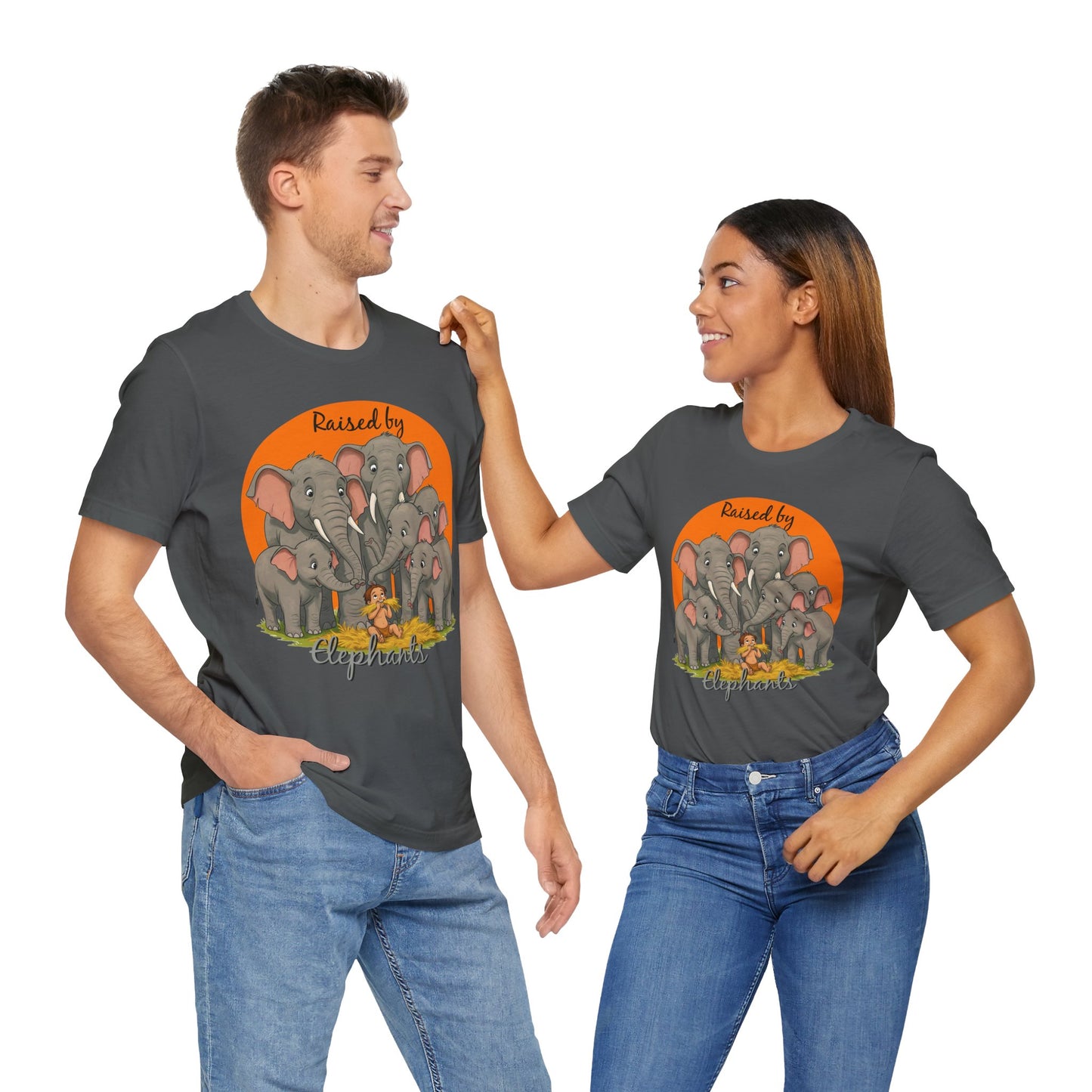 Elephant Lovers Tee - Funny 'Raised by Elephants' Unisex Jersey Short Sleeve Shirt - Wildlife and Nature Lovers Shirt (Male Character Version) - Schmartypants