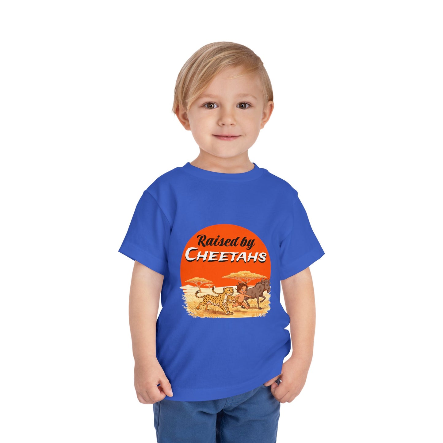 Toddler Boys Short Sleeve Tee with 'Raised by Cheetahs' Design | Funny Kids T-Shirt, Animal Lover Gift, Summer Outfit, Safari Theme - Schmartypants
