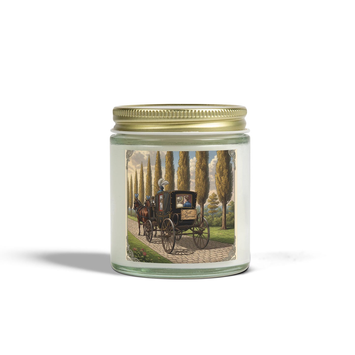 Scented Candles, Elegant 'Just Married' Carriage Ride Wedding Reception Gift, Coconut Apricot Wax Candle, Swag Item for Special Occasion