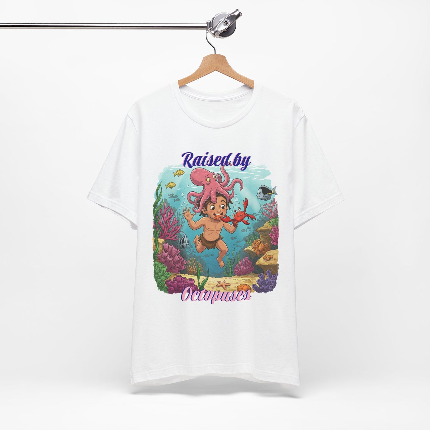 Ocean-Inspired Unisex Tee - Funny "Raised by Octopus", Fun Gift for Marine Lovers, Summer Beachwear, Cute Animal T-Shirt