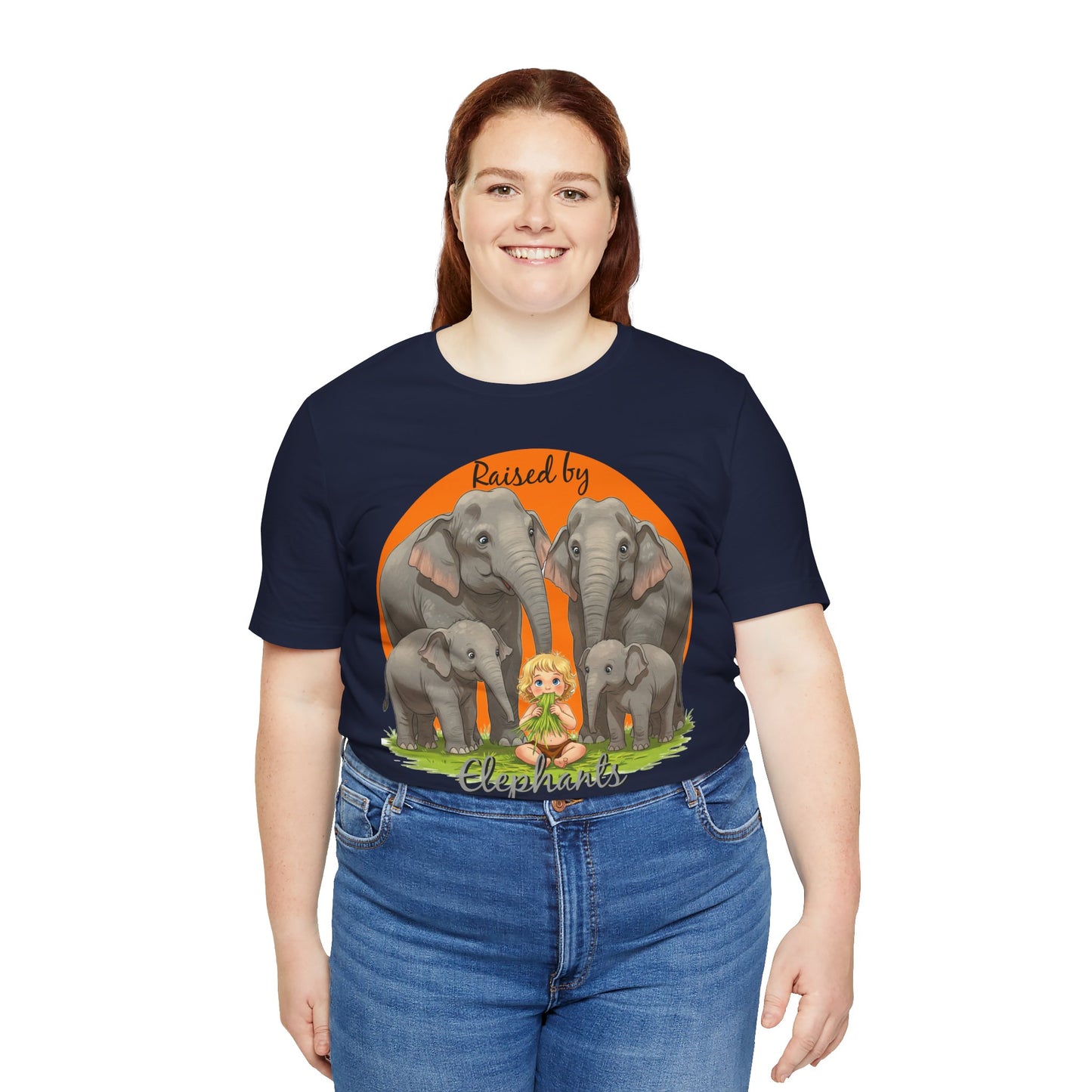 Funny Raised by Elephants Unisex Short Sleeve Tee - Perfect for Animal Lovers, Wildlife Fans (Women's Character version) - Schmartypants