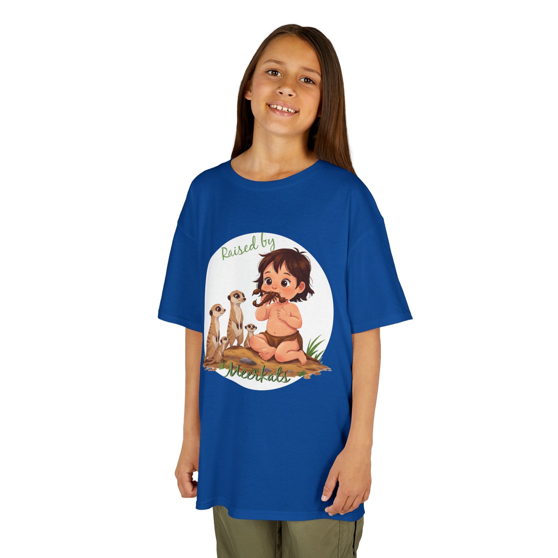 Sweet and Funny 'Raised by Meerkats' Kids Heavy Cotton™ Tee for Girls Who Love Meerkats, Wildlife - Schmartypants